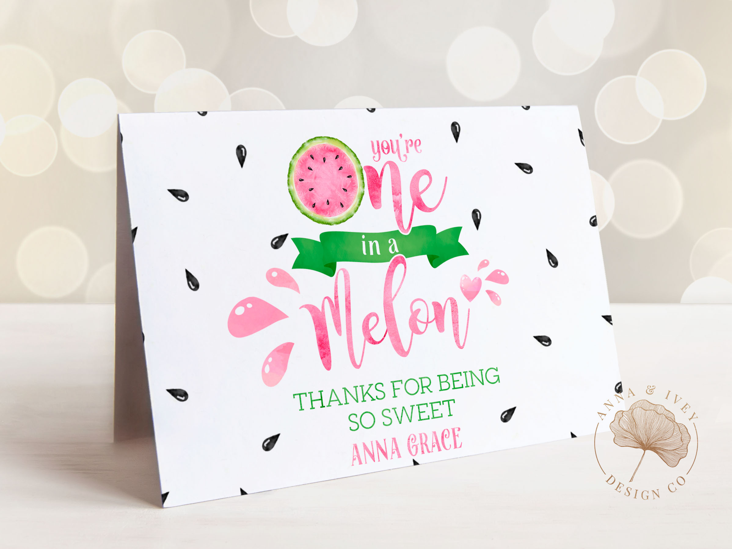 One in a Melon Watermelon Thank You Cards design preview