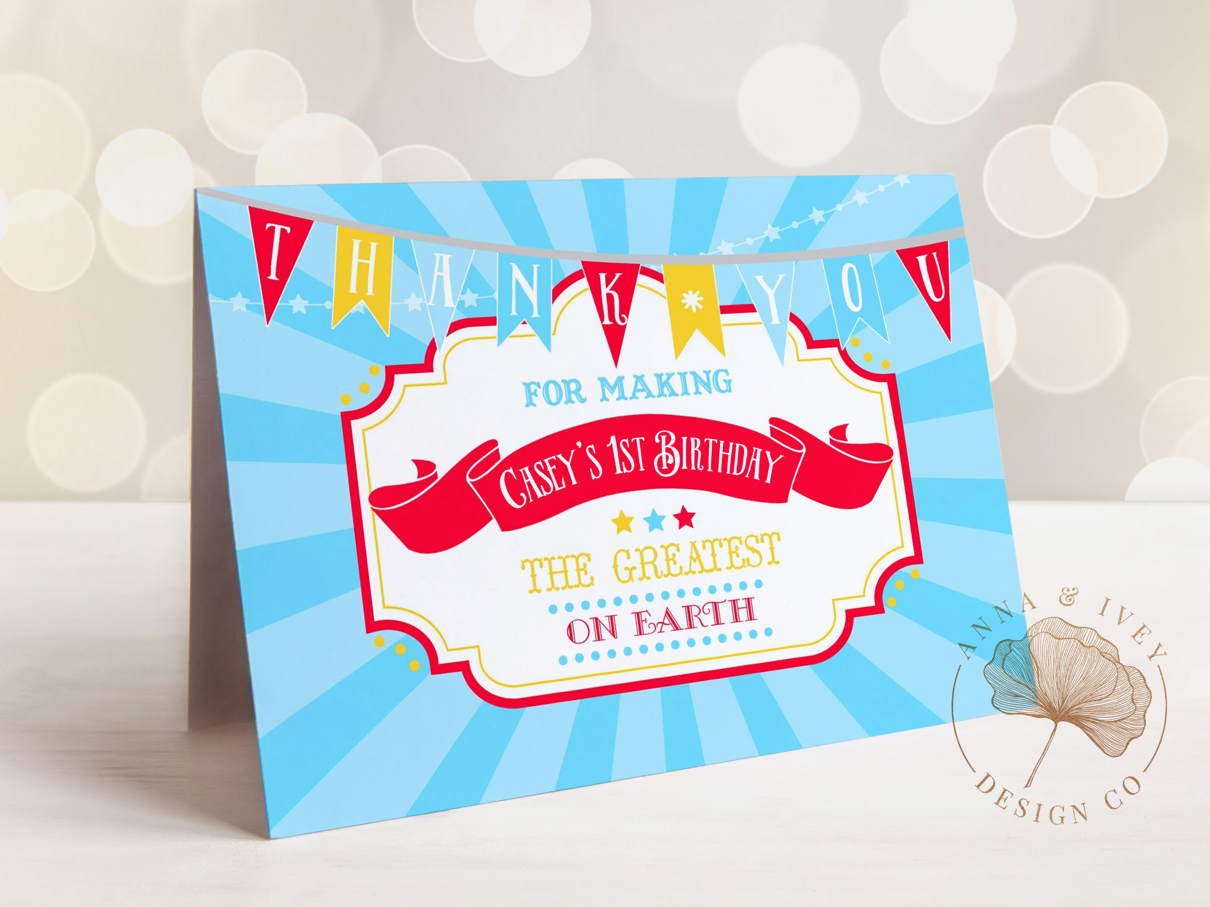 Bright Red Circus Thank You Cards- Blue Sunburst design preview