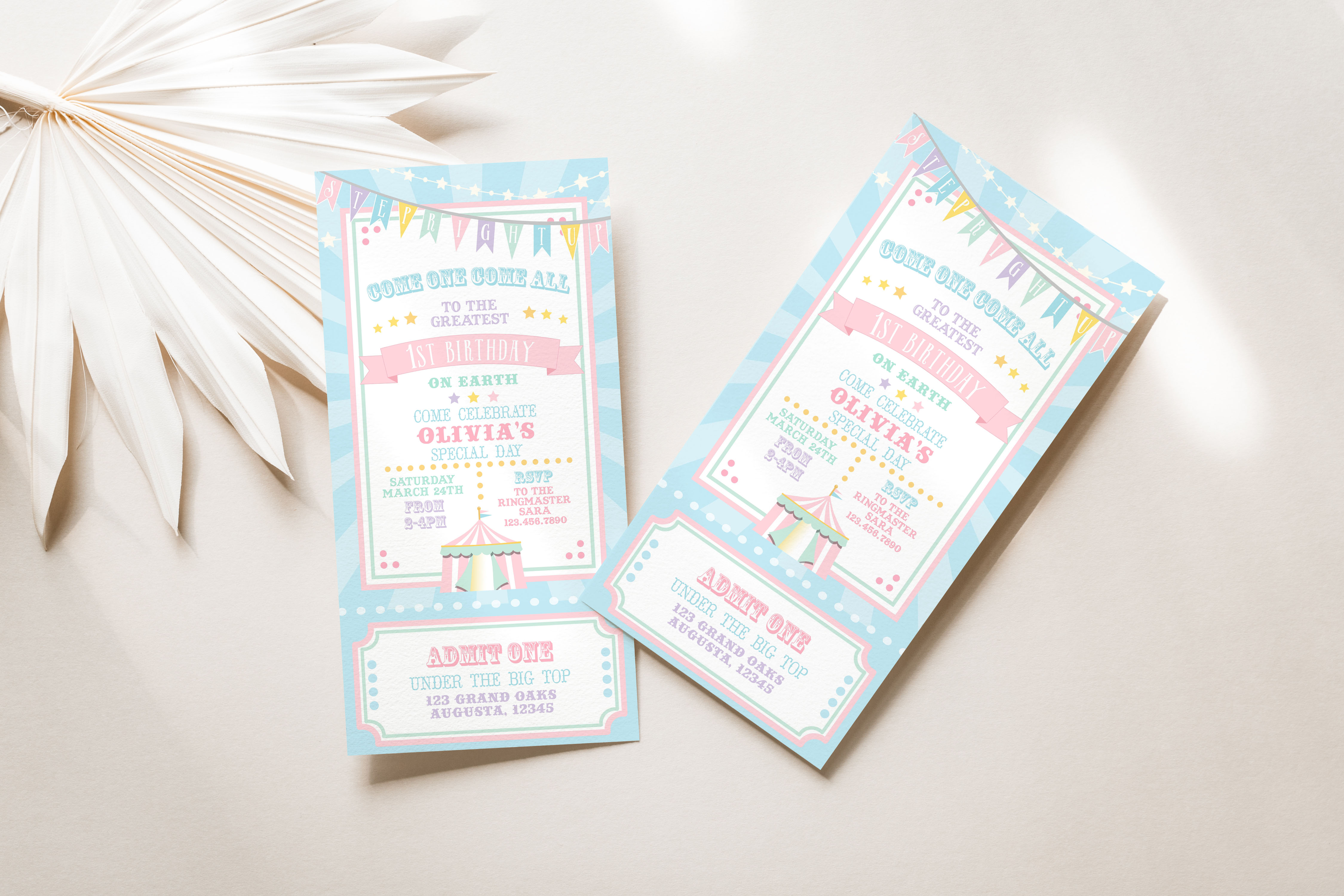 Pastel Circus 4 x 8 Ticket Invitation- Blue Burst design preview