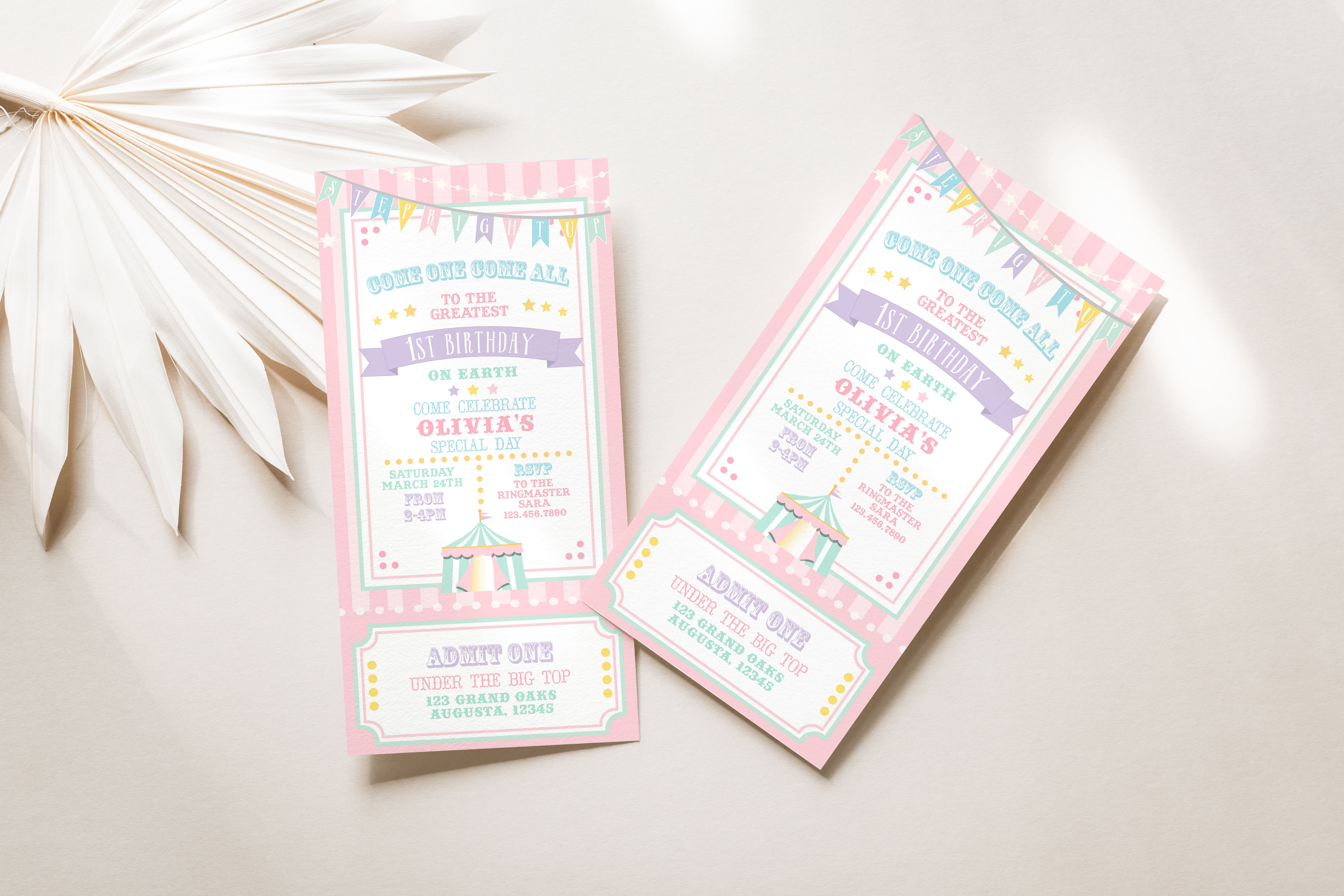 Pastel Circus 4 x 8 Ticket Invitation- Pink Stripes design preview
