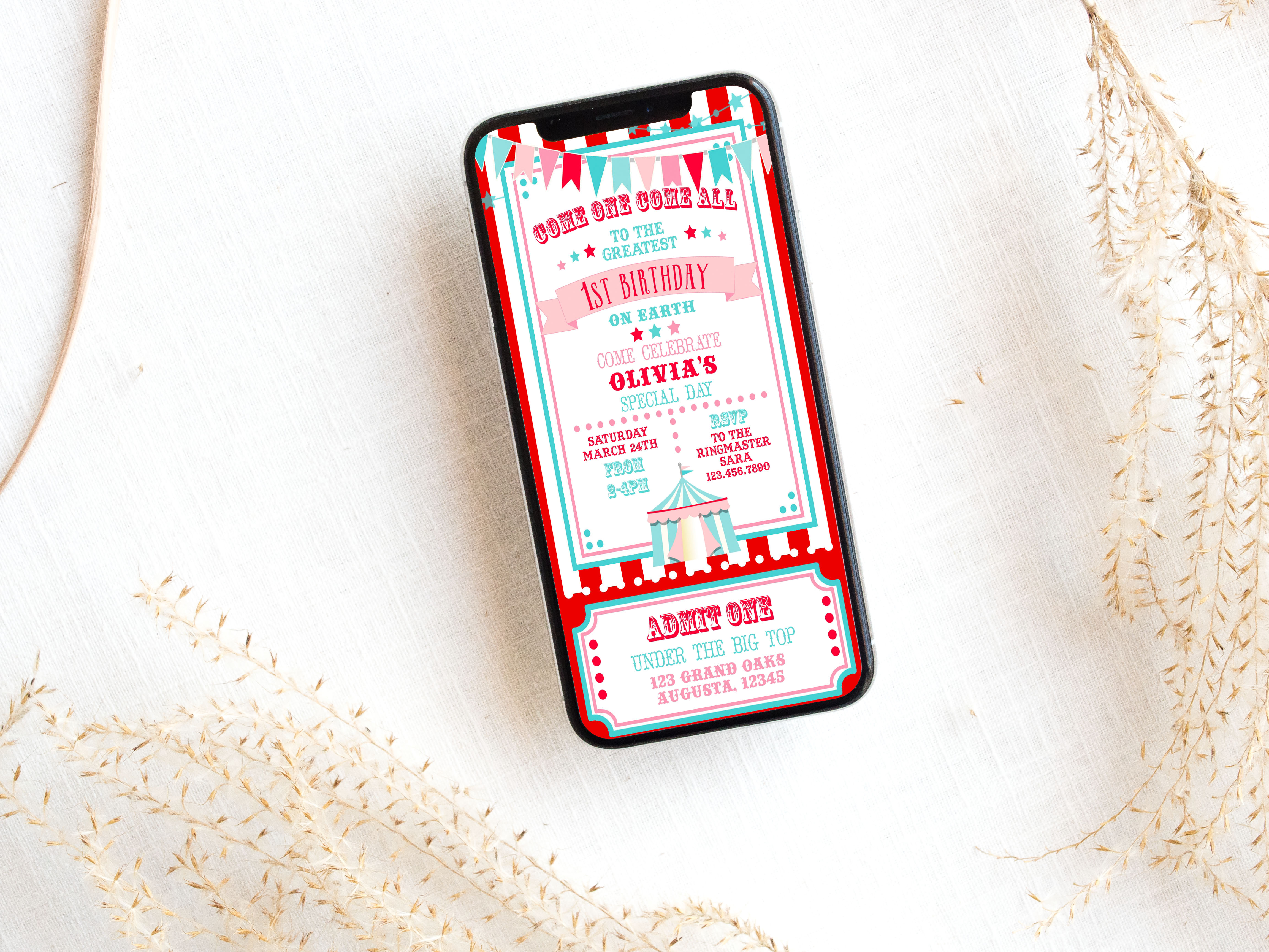 Red & Pink Circus SmartPhone Invitation- Red Stripe design preview