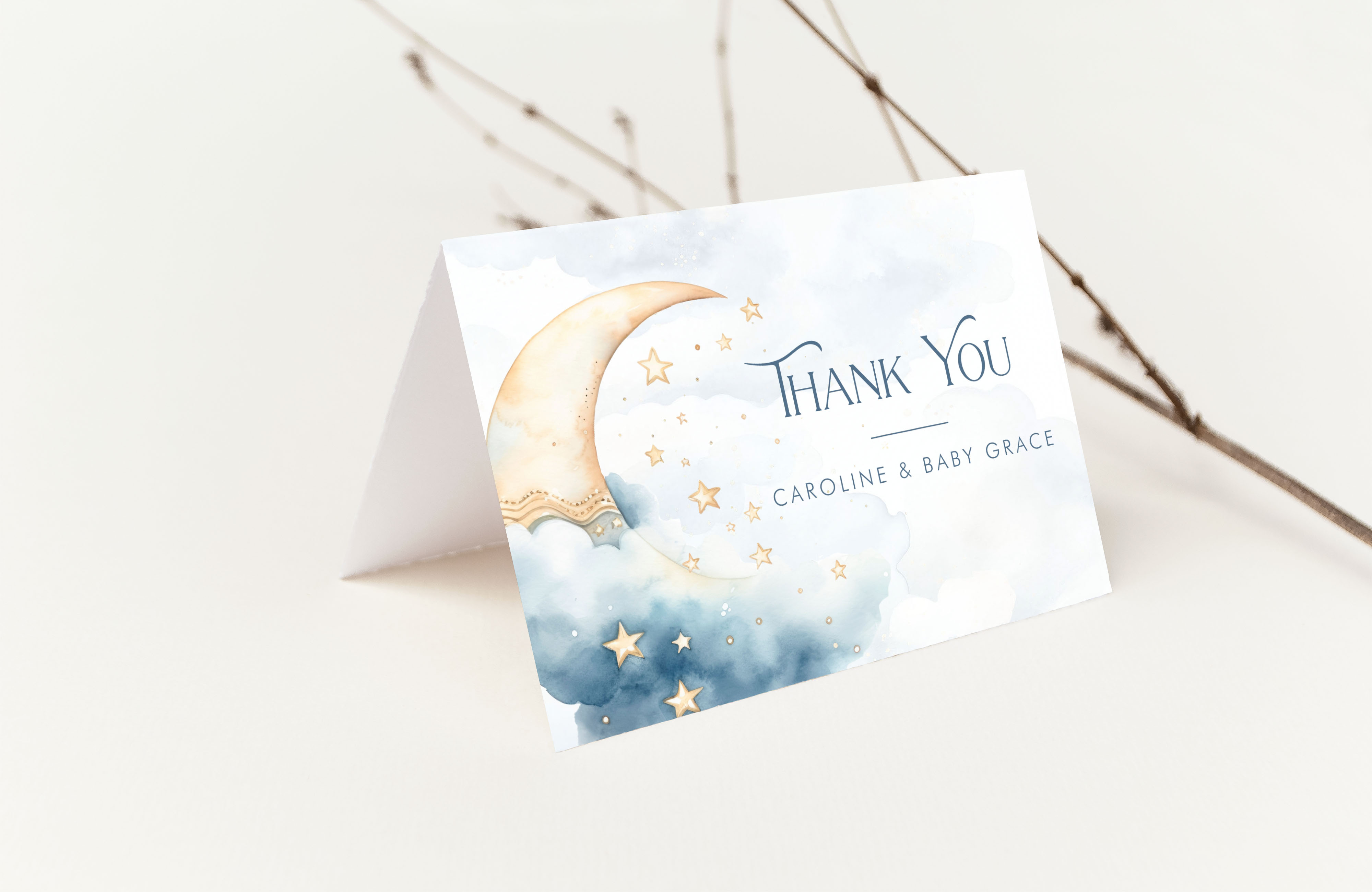 Over the Moon Thank You Card- Blue design preview