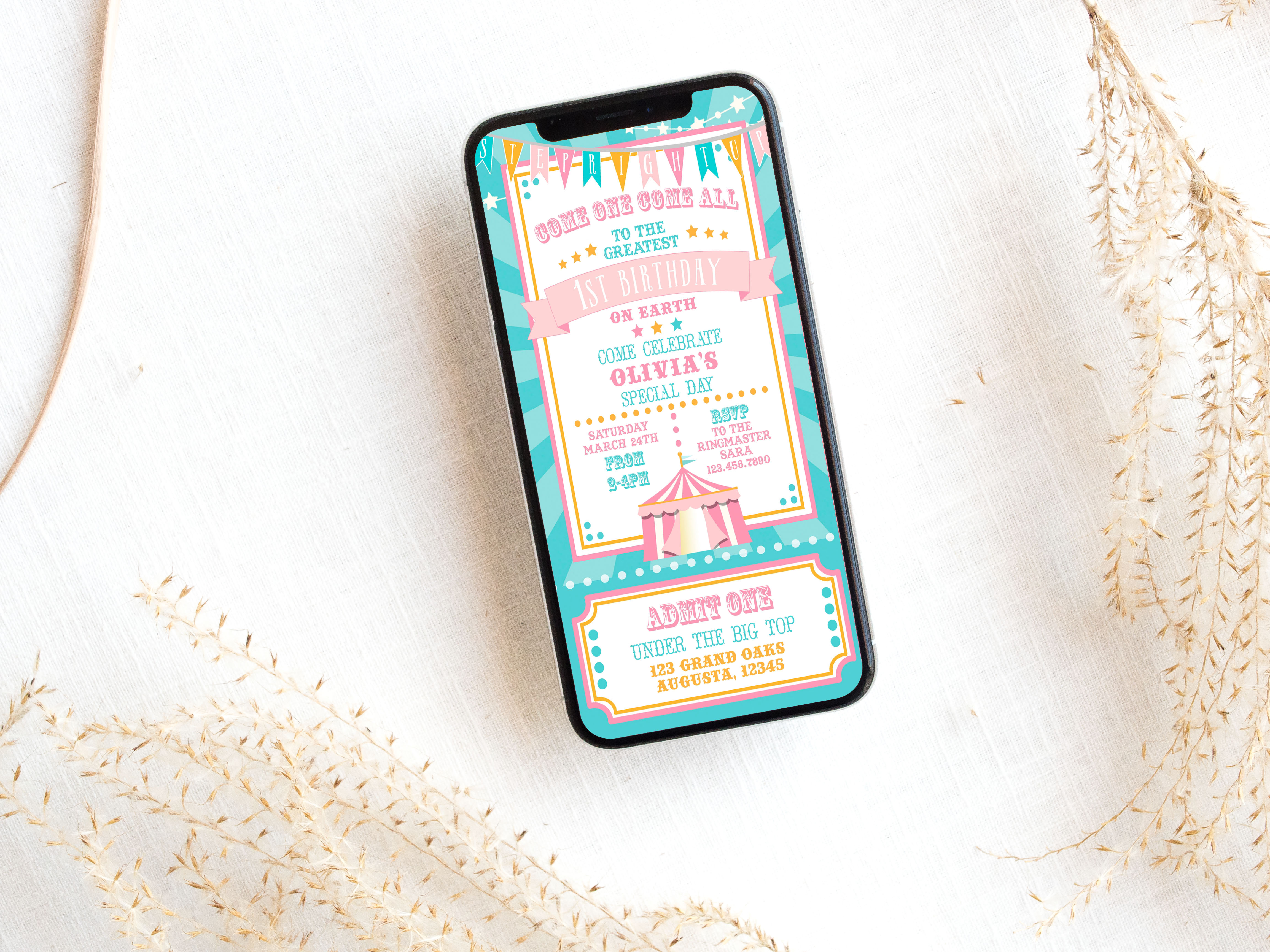Pink & Teal Circus SmartPhone Invitation- Blue Burst design preview