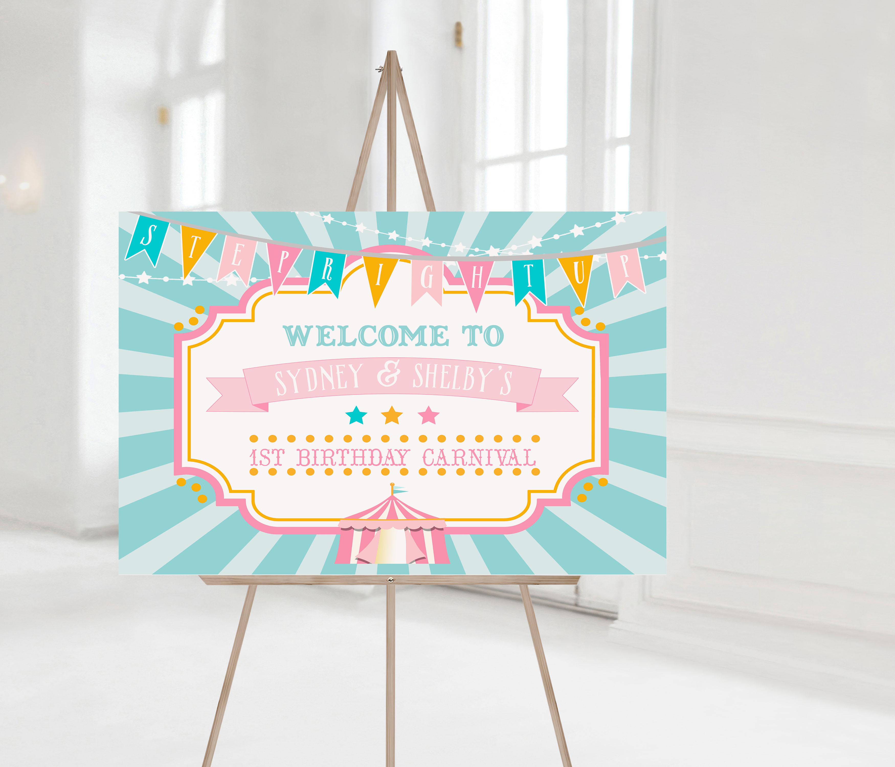 Pink & Teal Circus Welcome Sign- Horizontal- Burst design preview