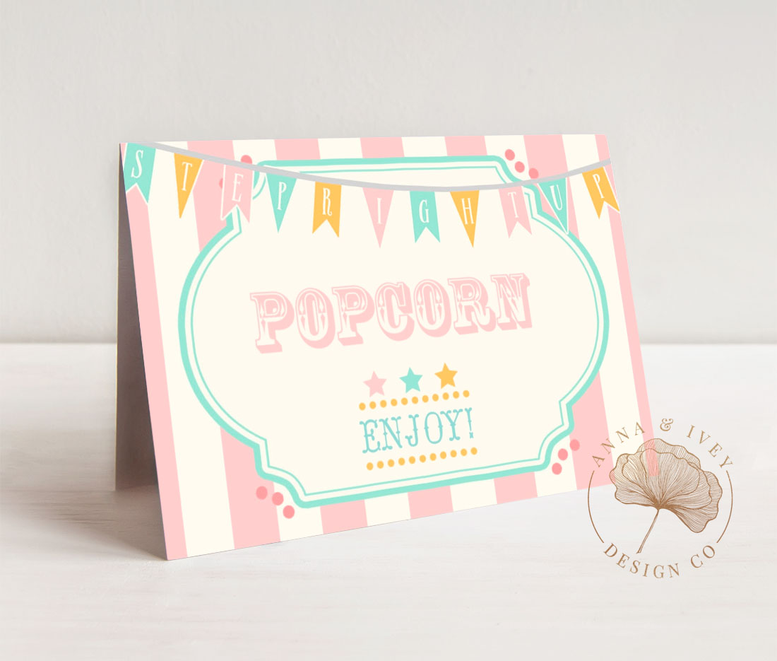 Pink & Mint Circus Food Cards- Pink Stripes design preview