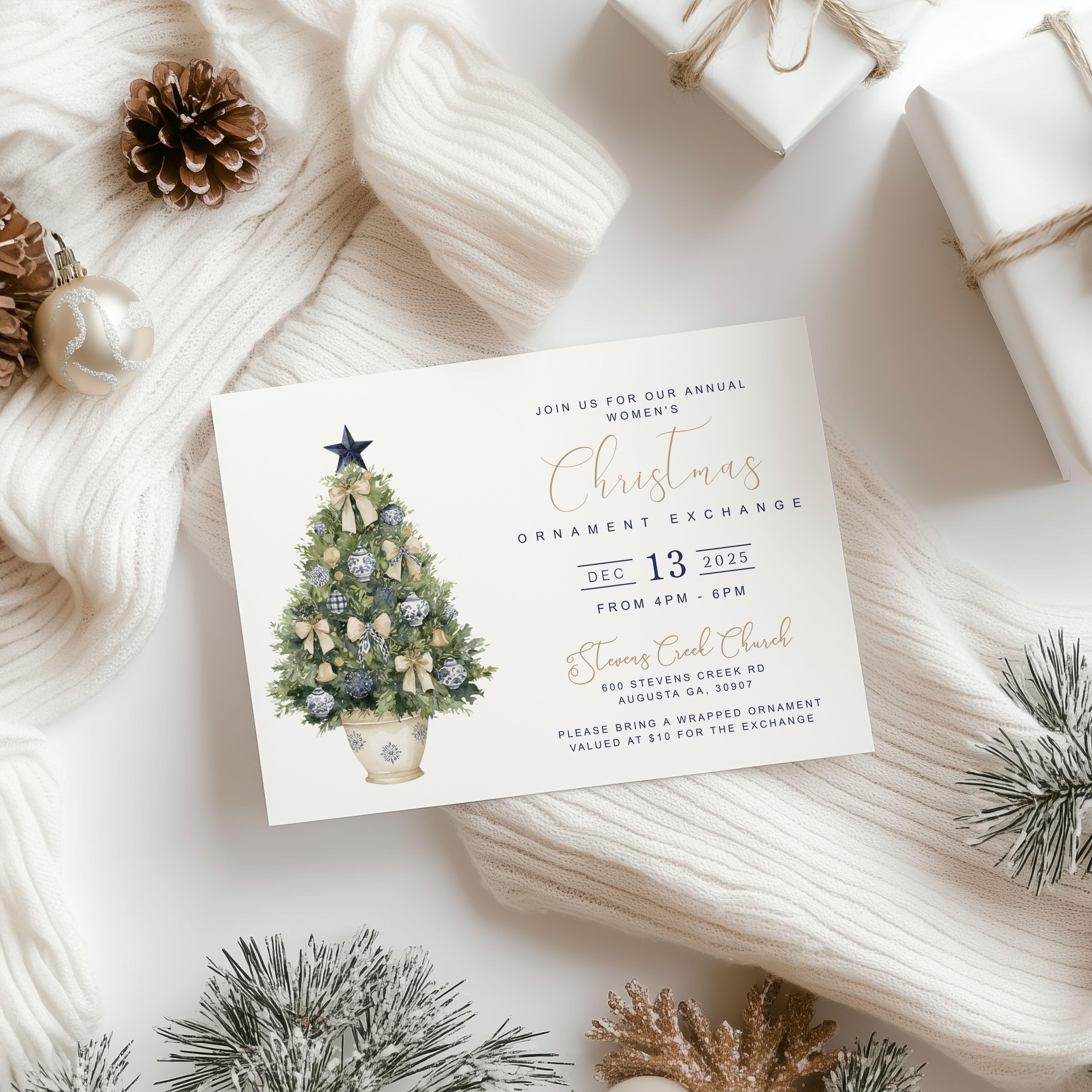 Blue & Gold Chinoiserie Christmas Tree Invitation design preview