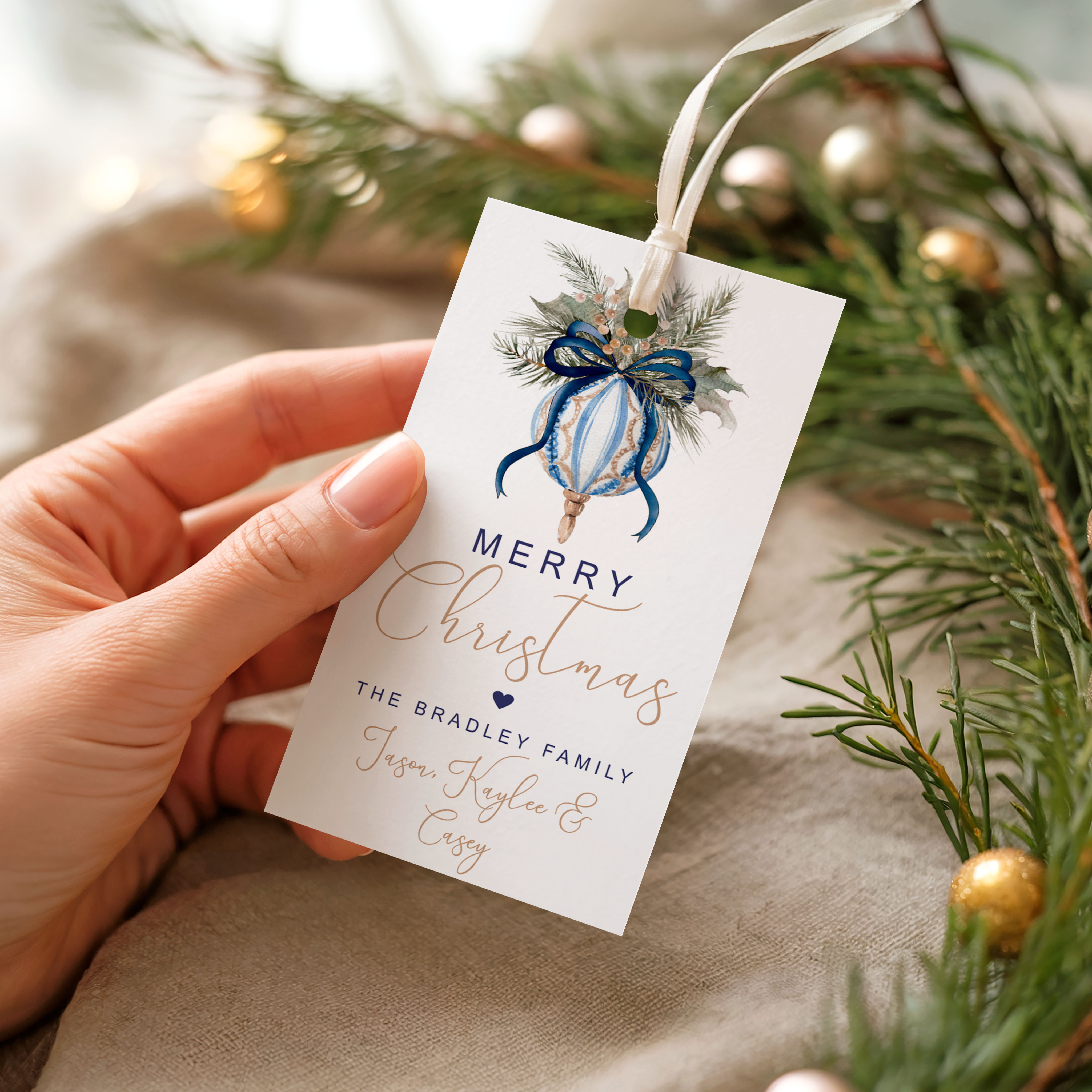 Blue & Gold Ornament Rectangle Tag design preview