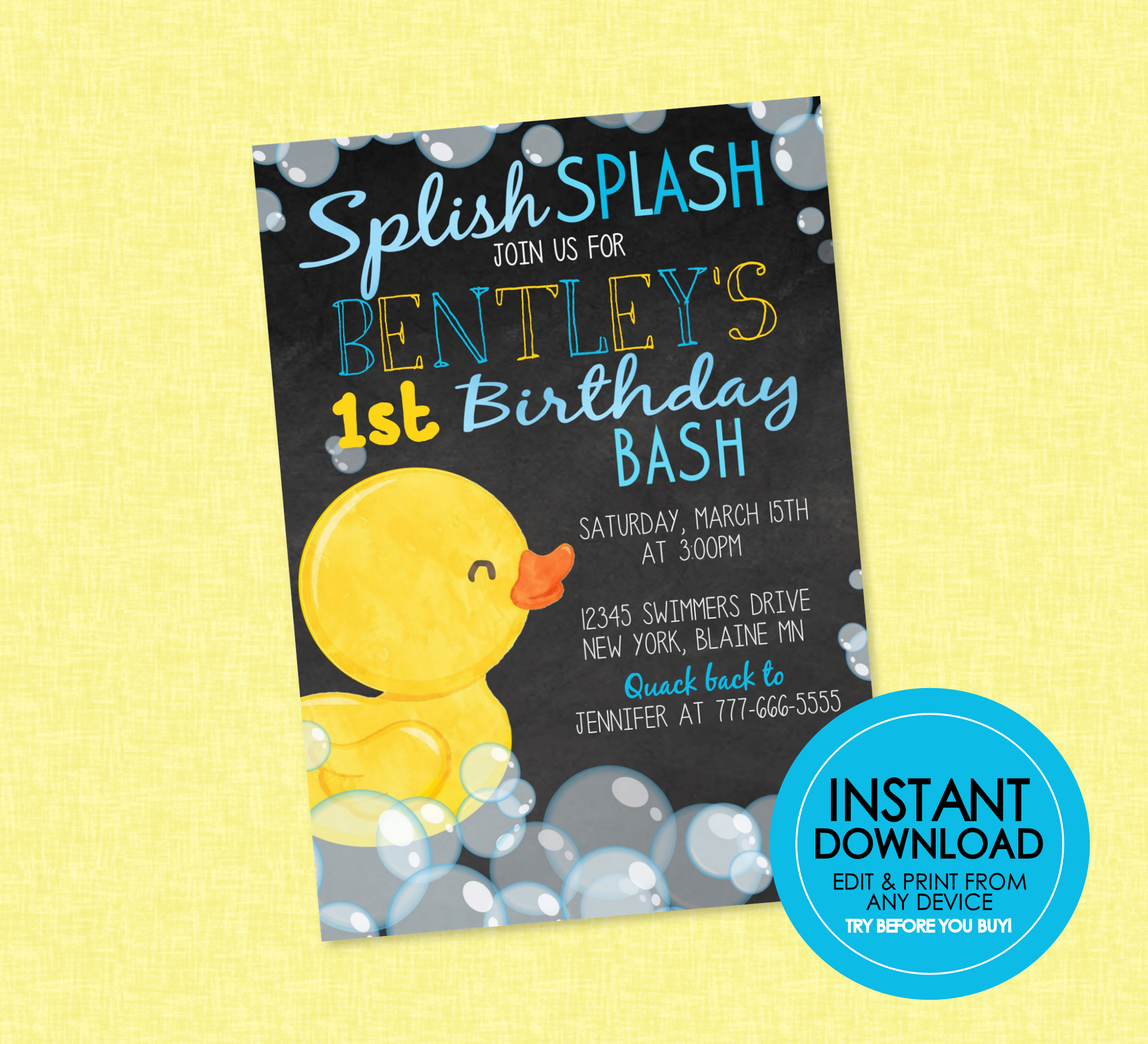 Duck Watercolor Birthday (Chalkboard) design preview