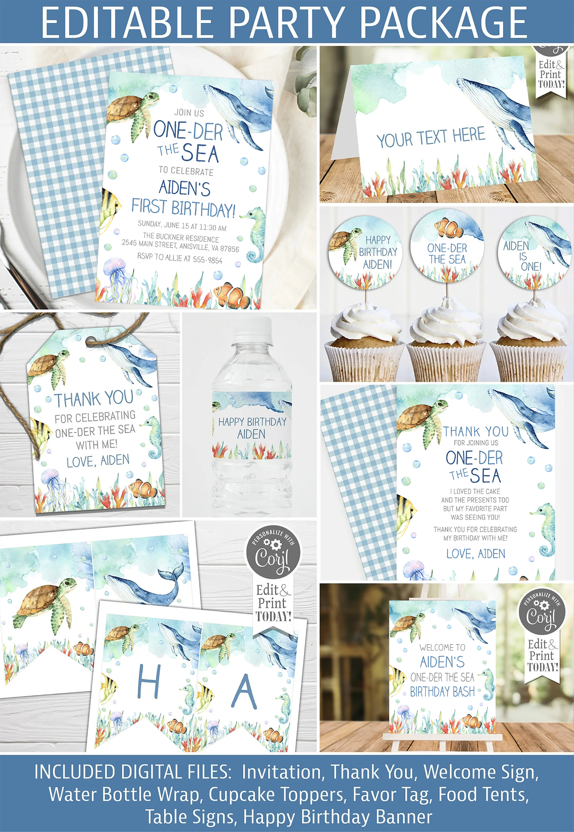 Oneder the Sea Blue Ocean Animals Party Pacakge design preview
