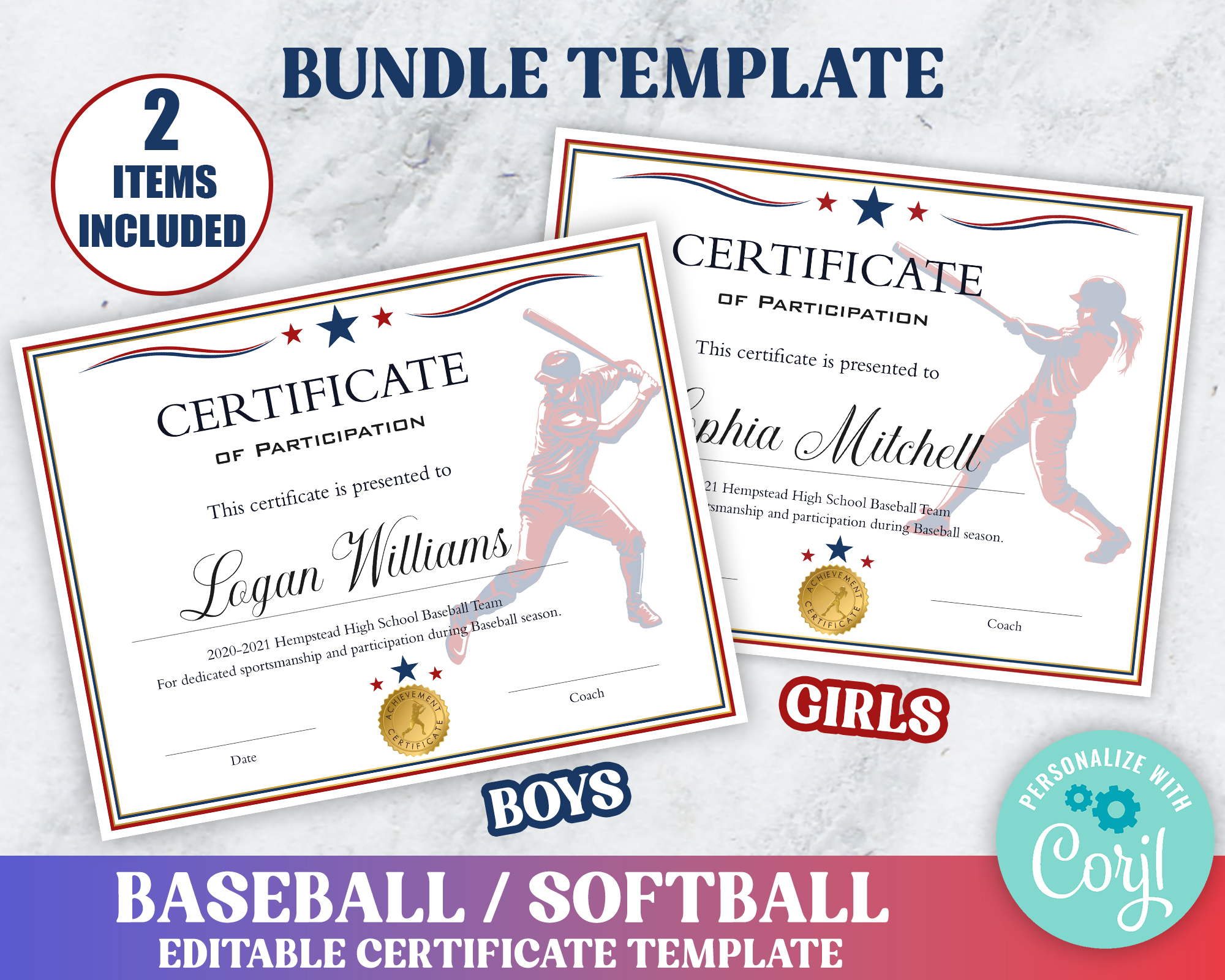 Baseball Softball Certificate Blue Red White Bundle design preview