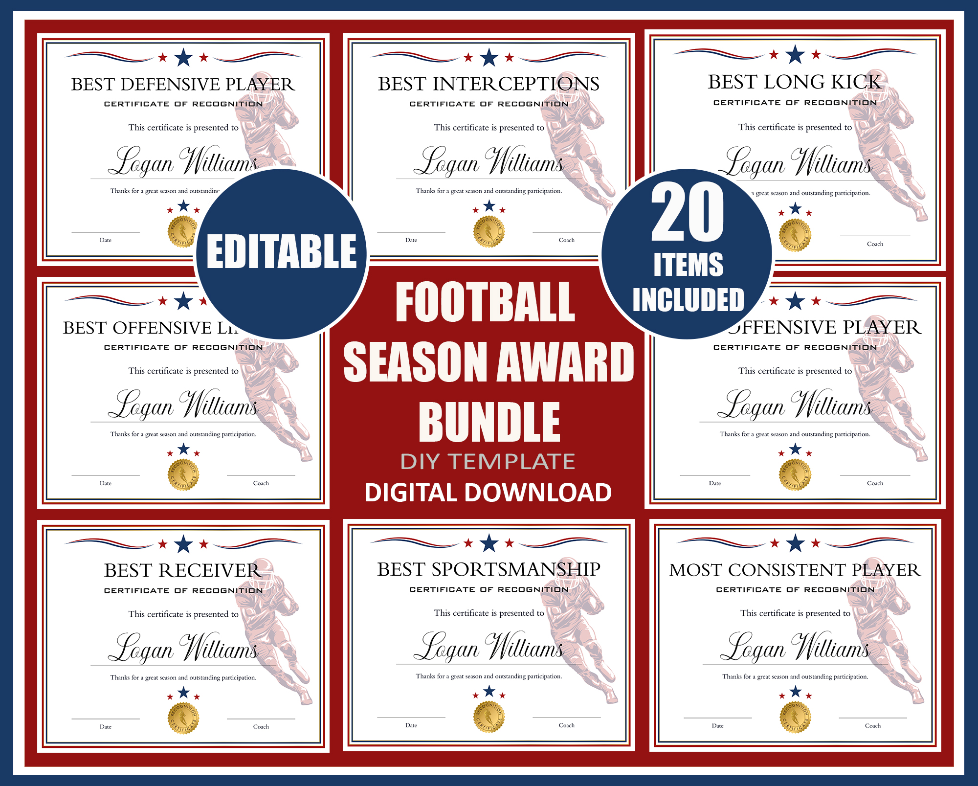 Red Blue White Football End of Season Award BUNDLE design preview