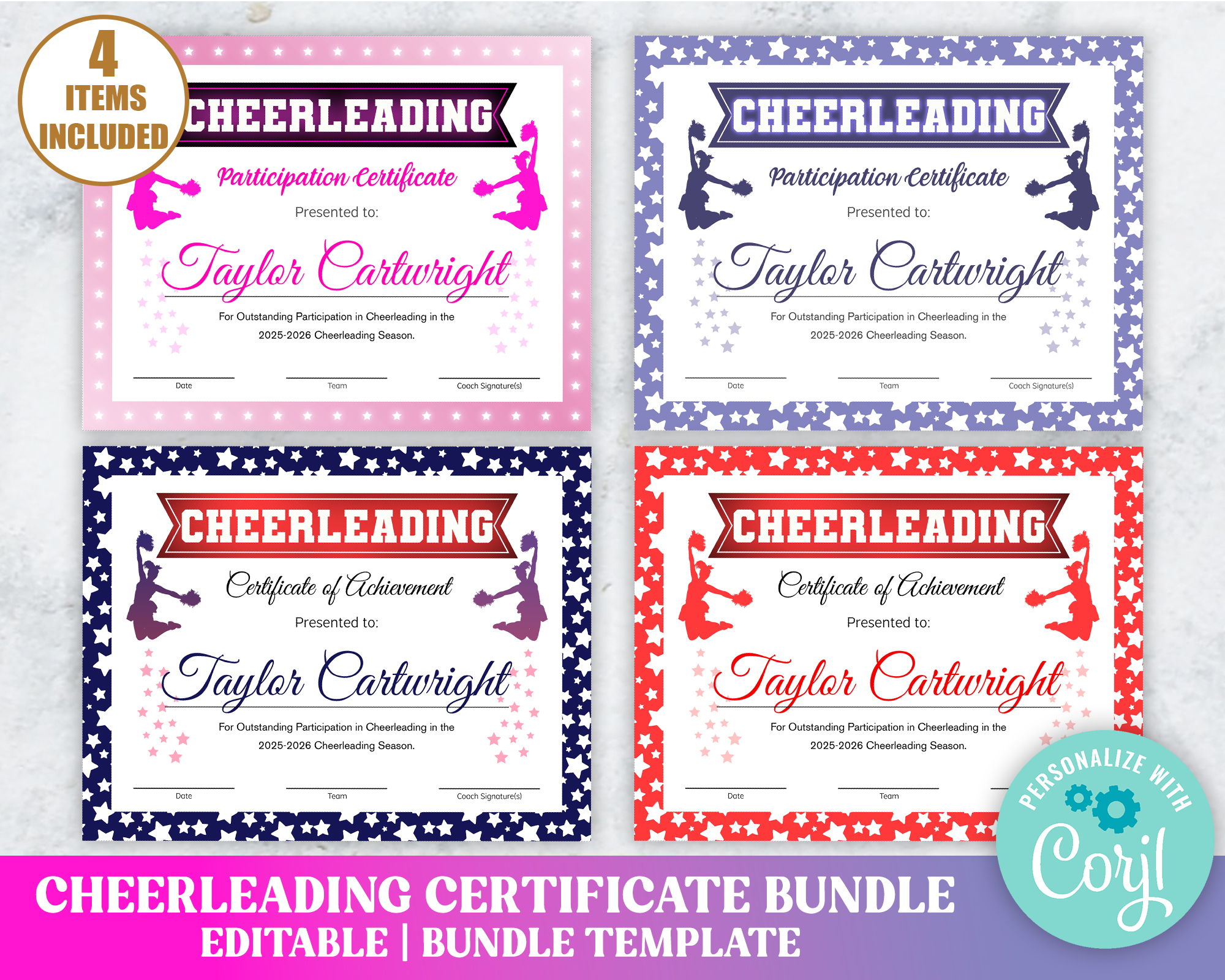 Bundle of 4 Cheerleading Certificate design preview