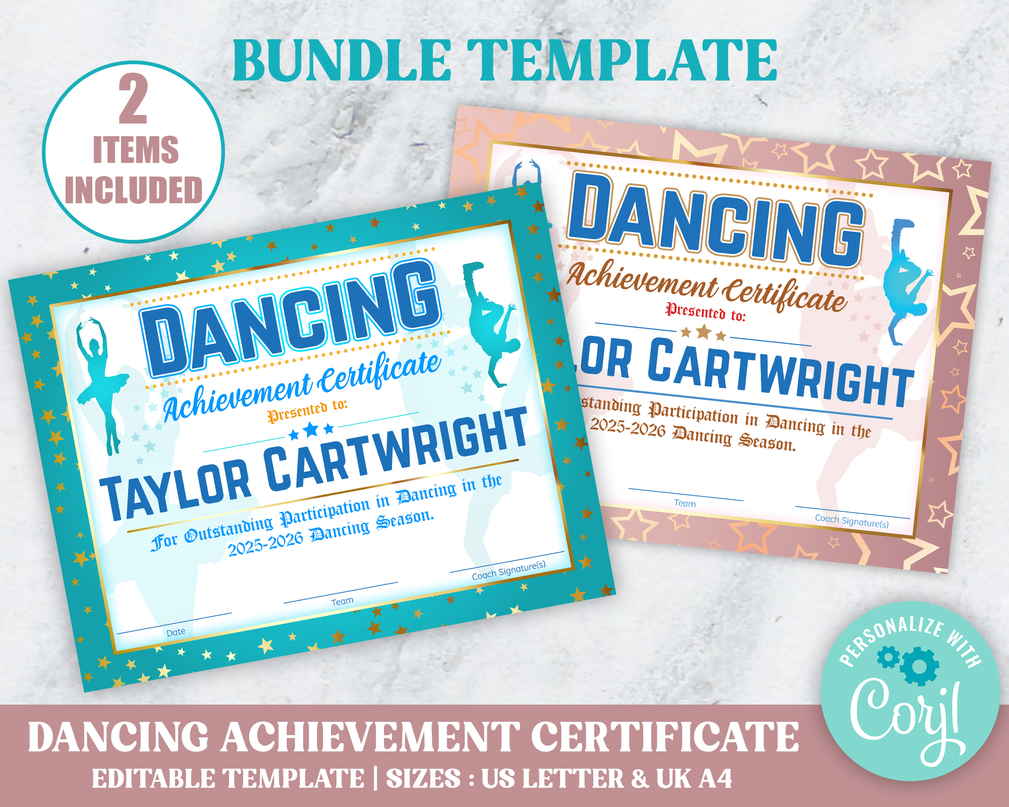 Dancing Certificate BUNDLE (Pink and Blue) design preview