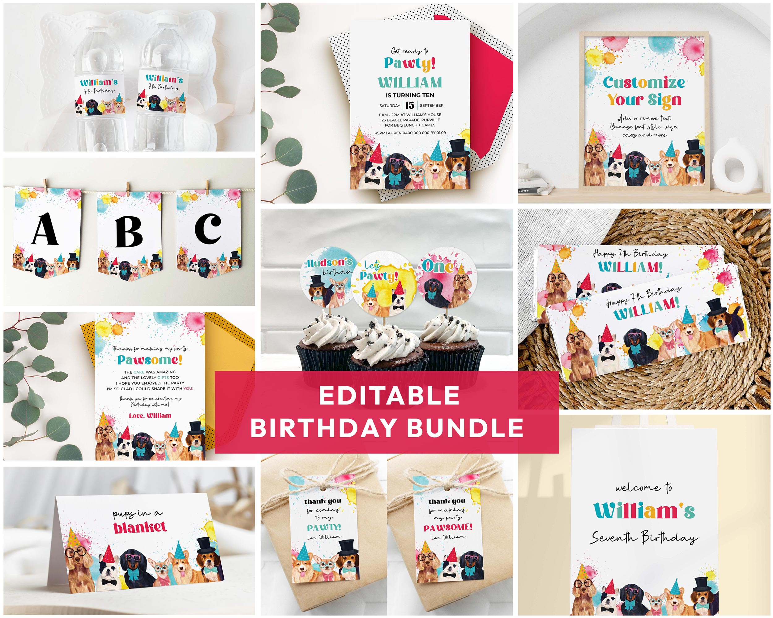 Dog Pawty EDITABLE BUNDLE design preview