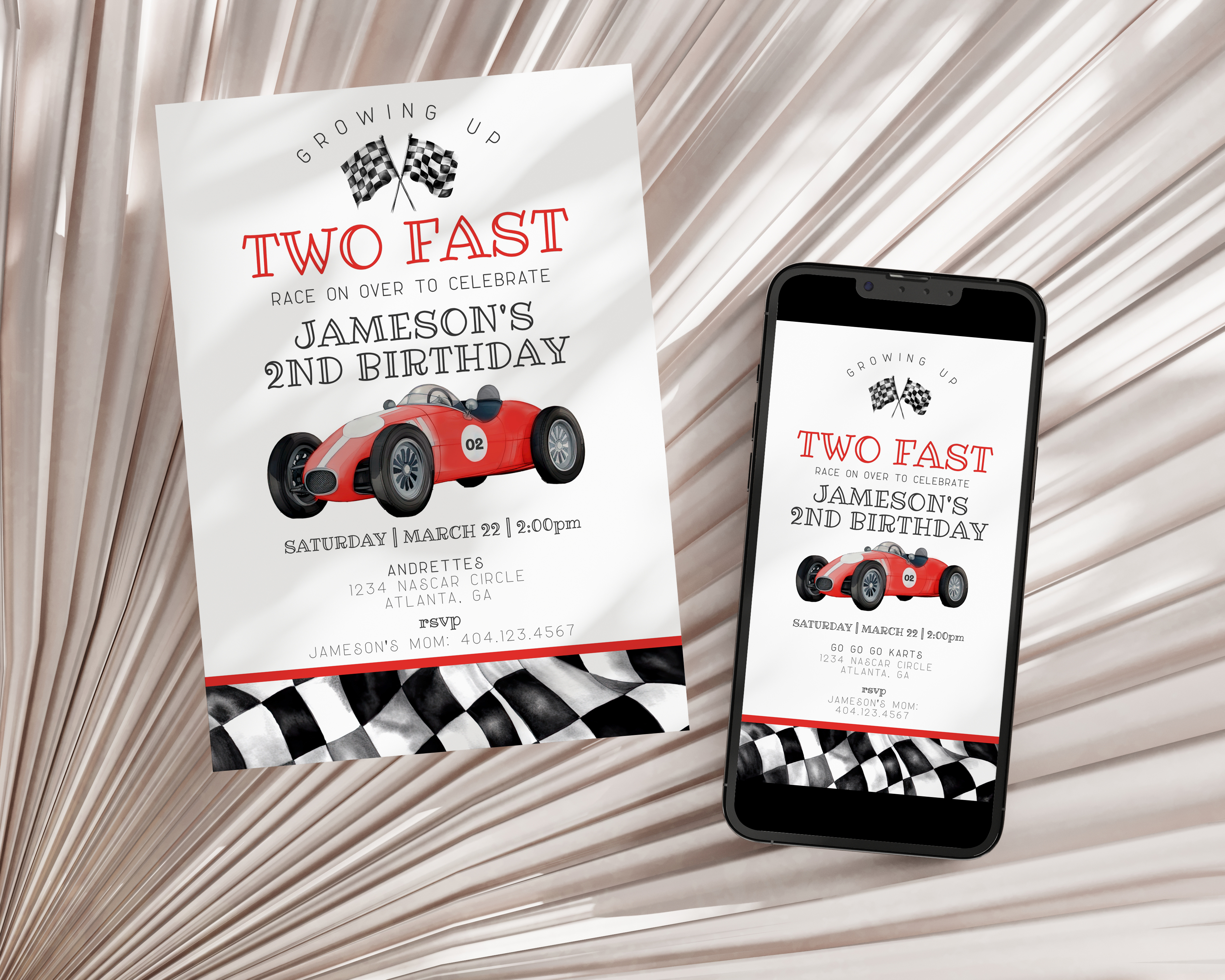 red race car - second birthday invite design preview