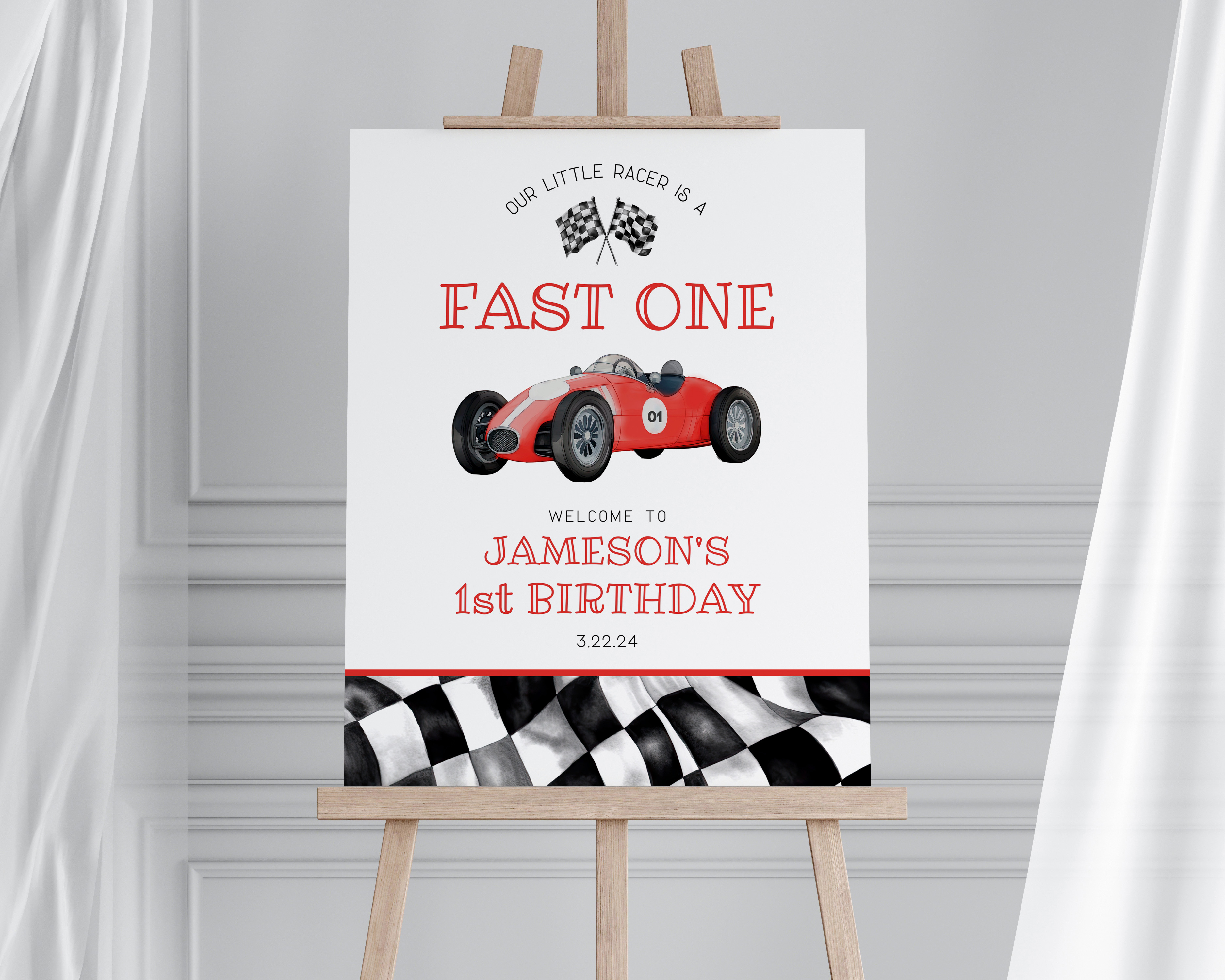 red race car - first birthday welcome sign design preview