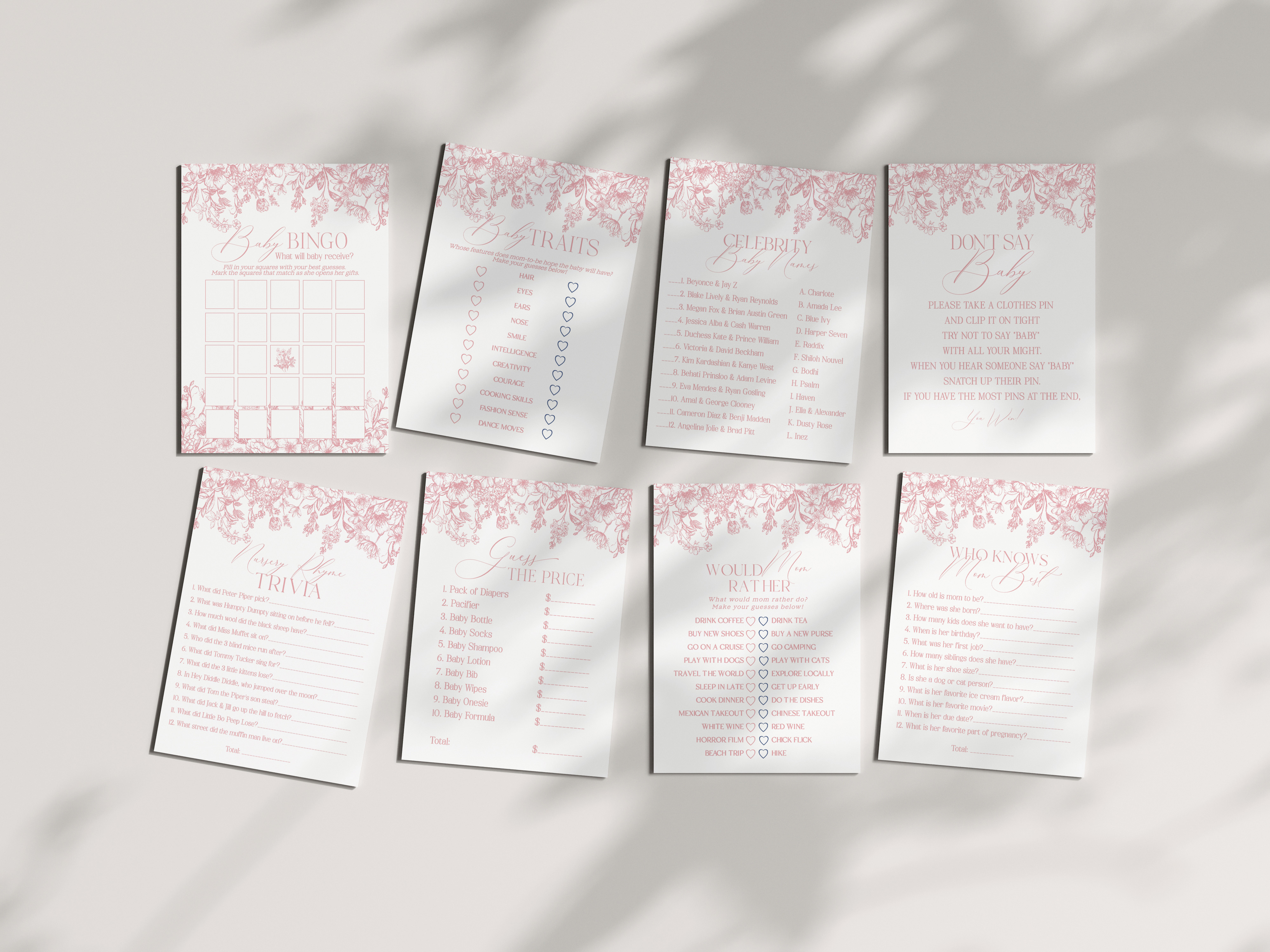 pink chinoiserie - baby shower games design preview