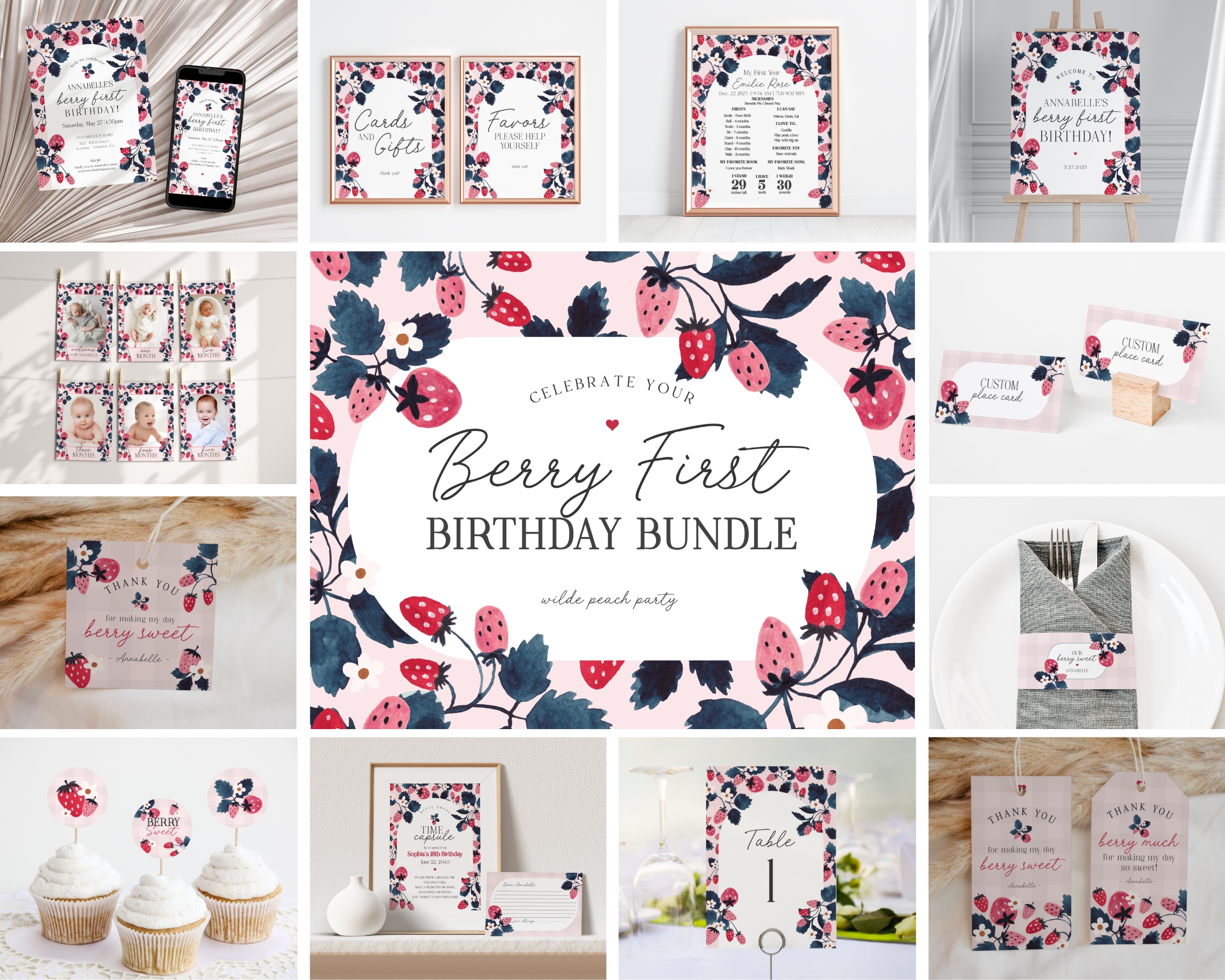 pink strawberry - first birthday bundle design preview