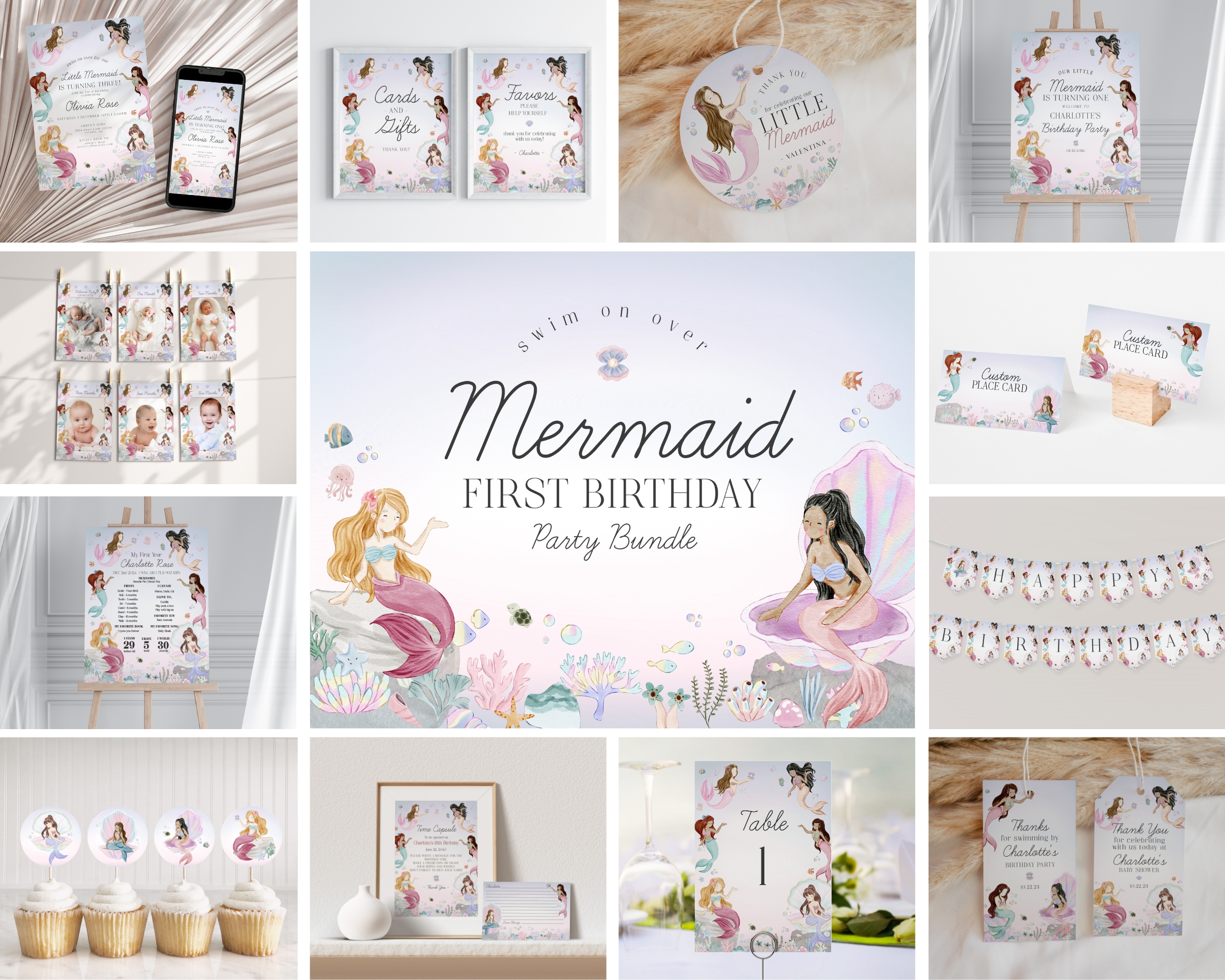 mermaid - first birthday bundle design preview