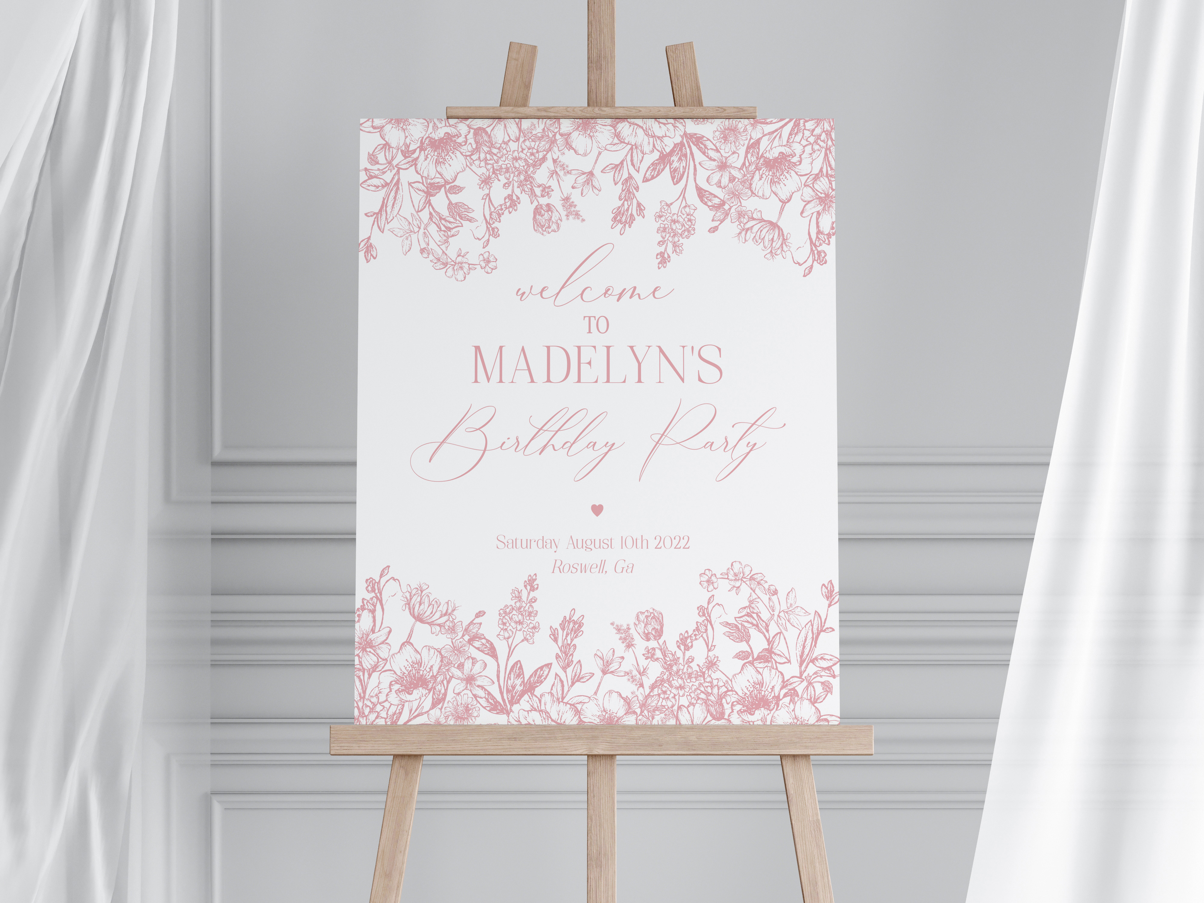 pink chinoiserie - birthday welcome sign design preview