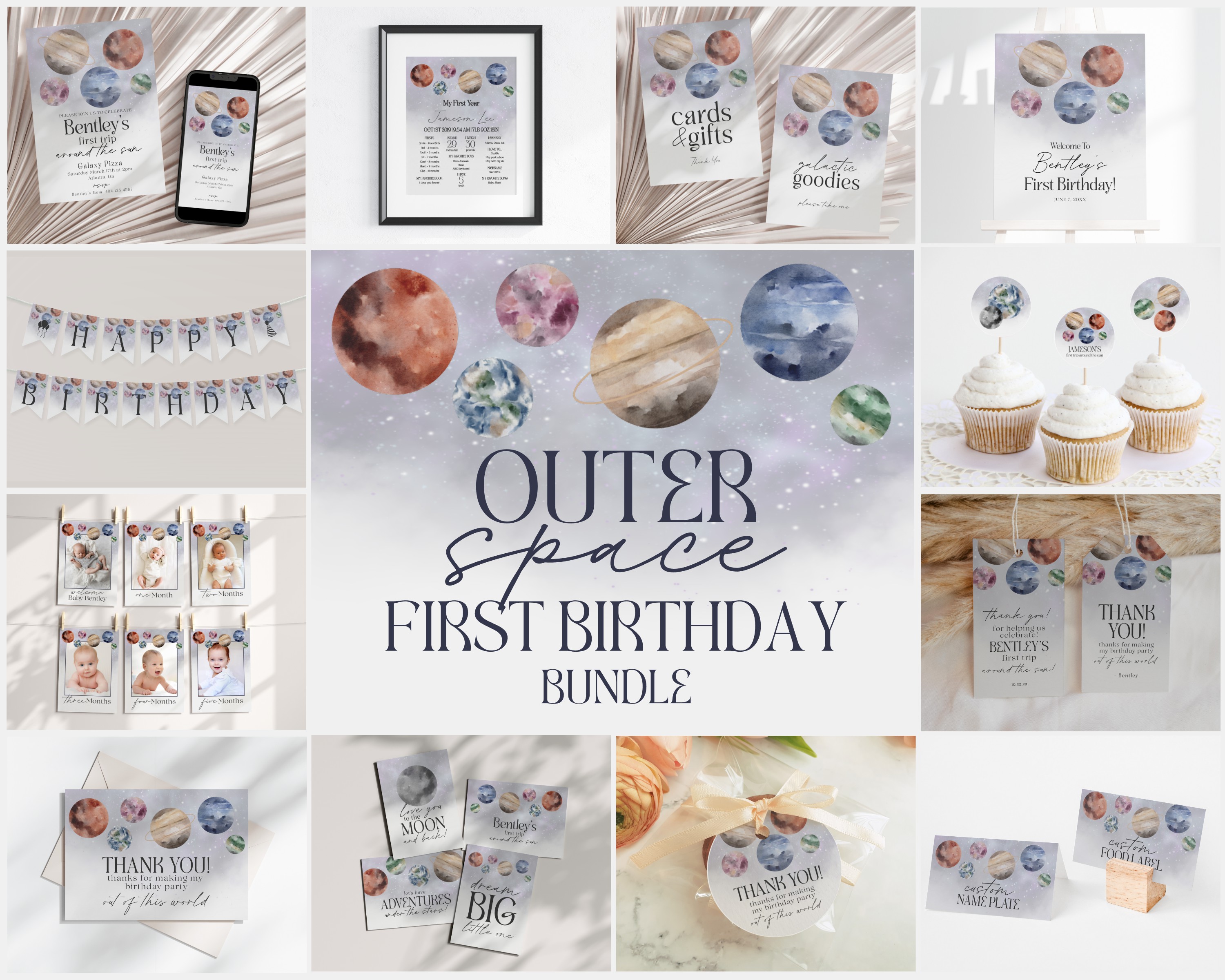 outer space - first birthday bundle design preview