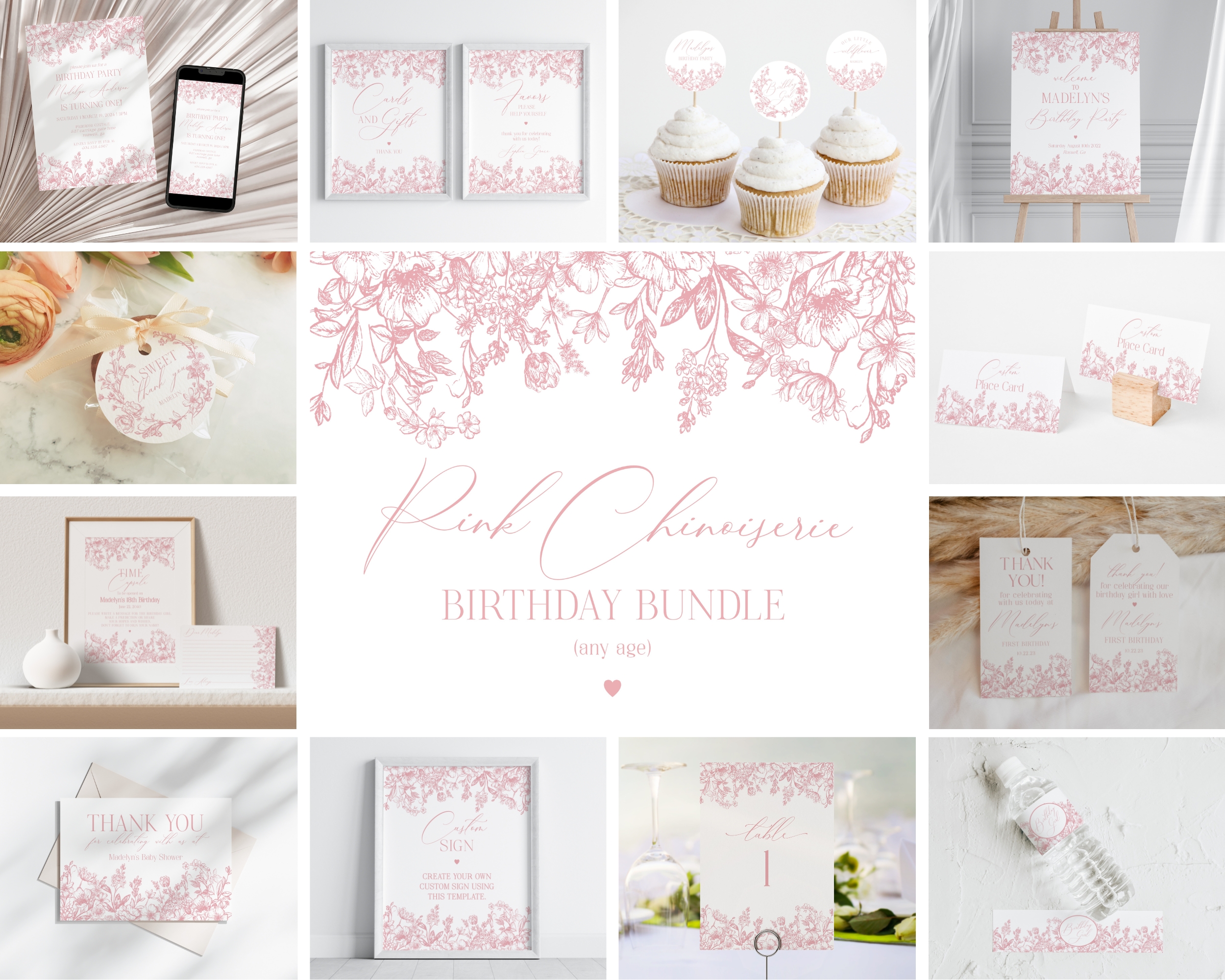pink chinoiserie - birthday bundle design preview
