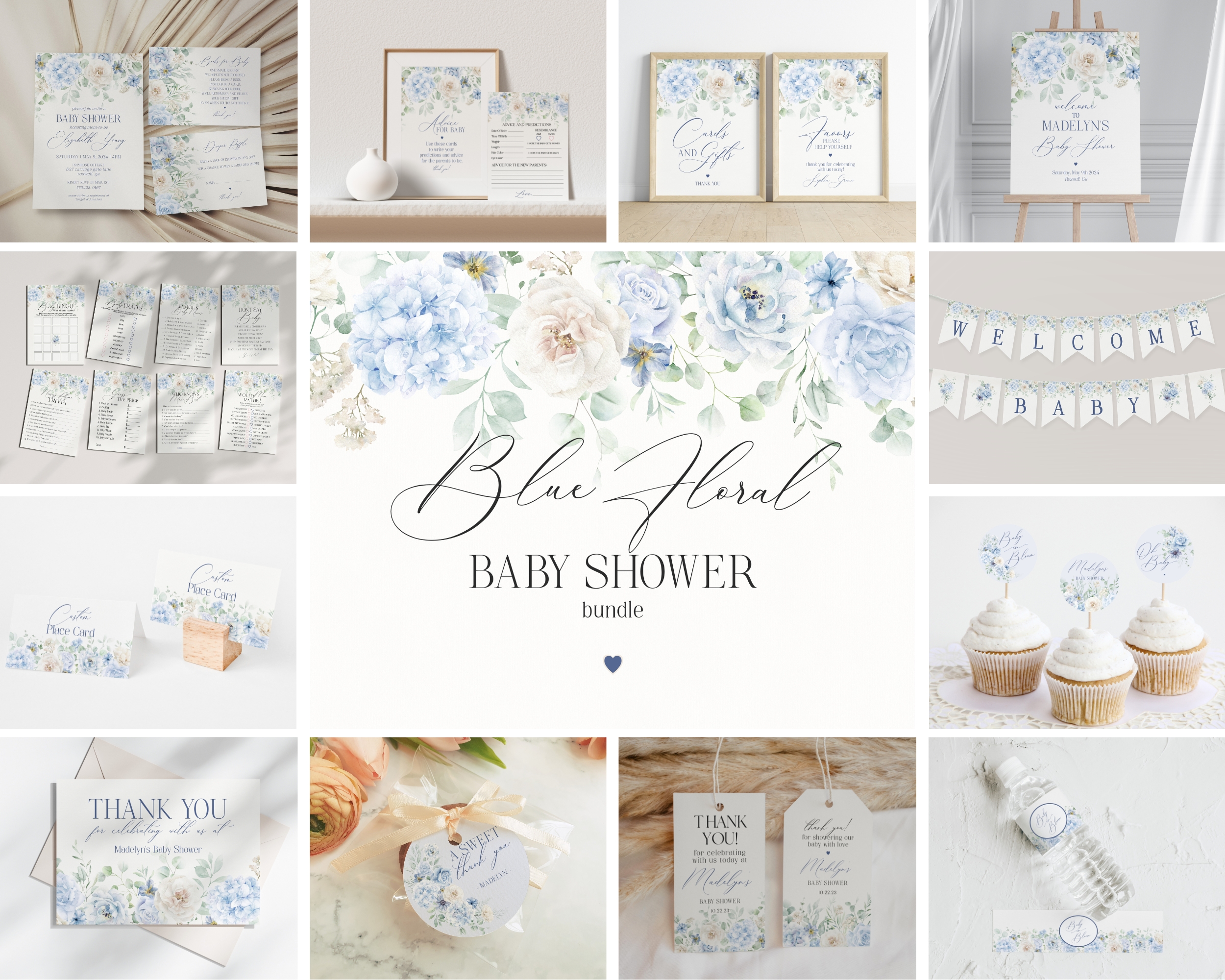 blue floral - baby shower bundle design preview