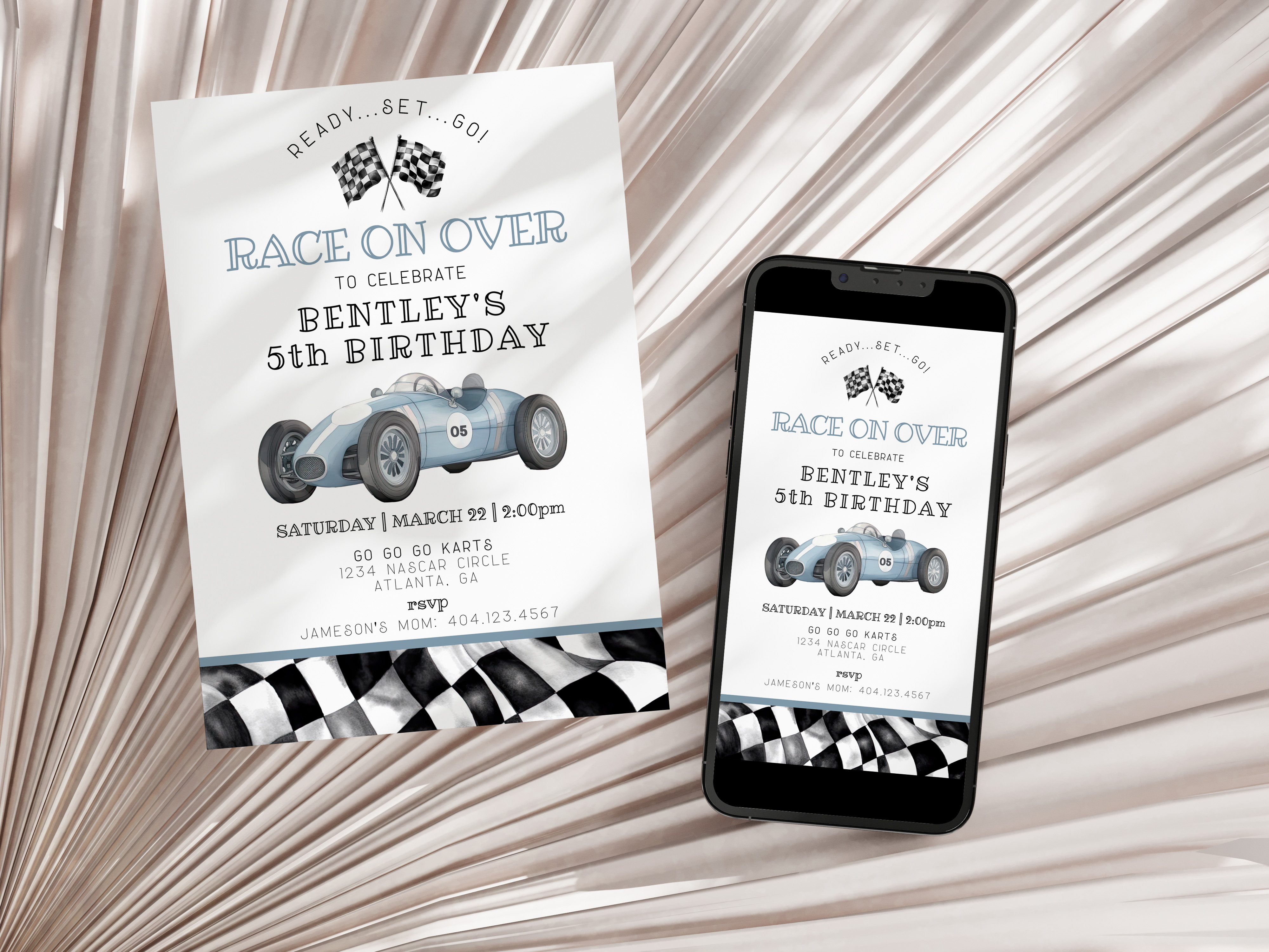 blue race car - birthday invite design preview