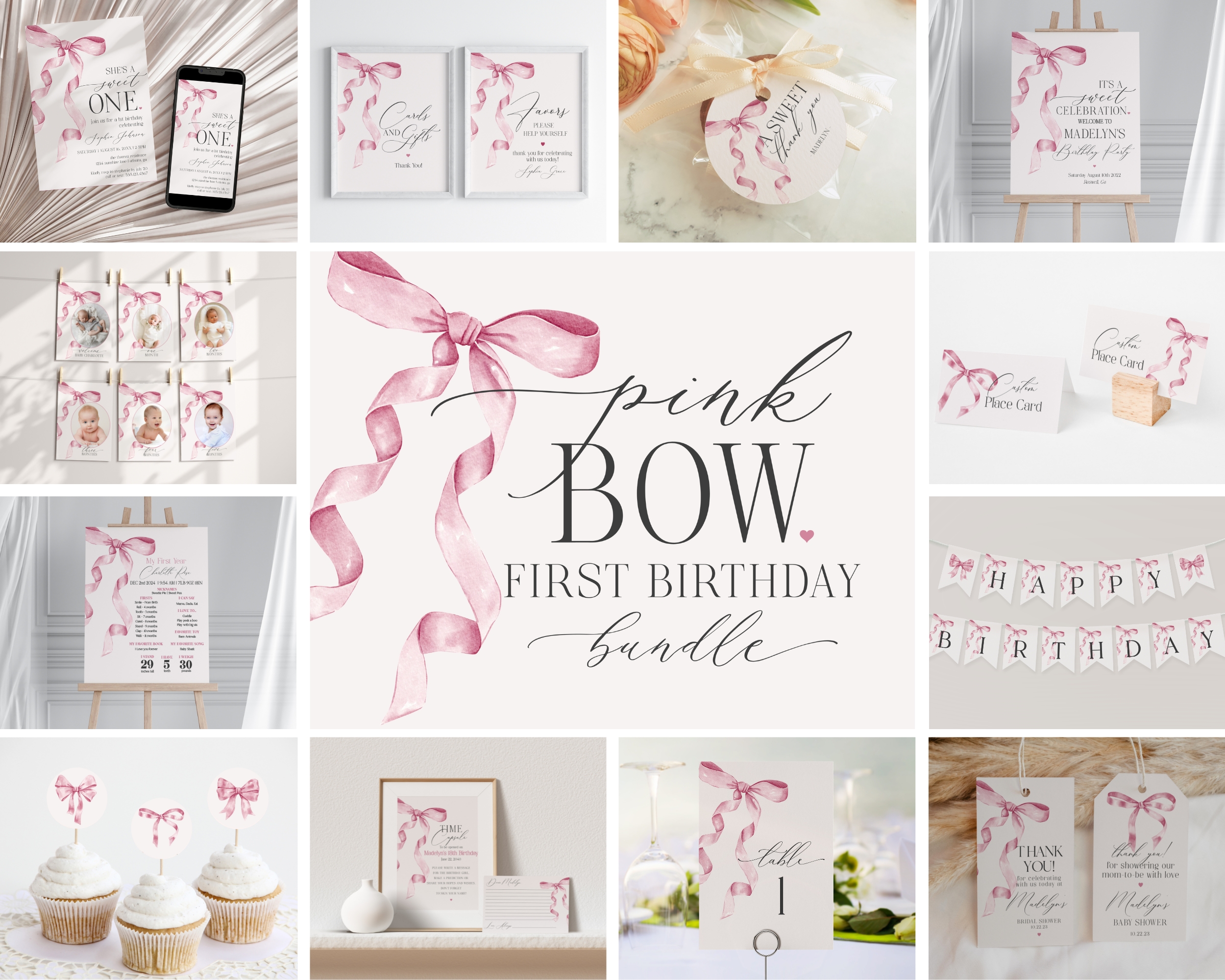 pink bow - first birthday bundle design preview