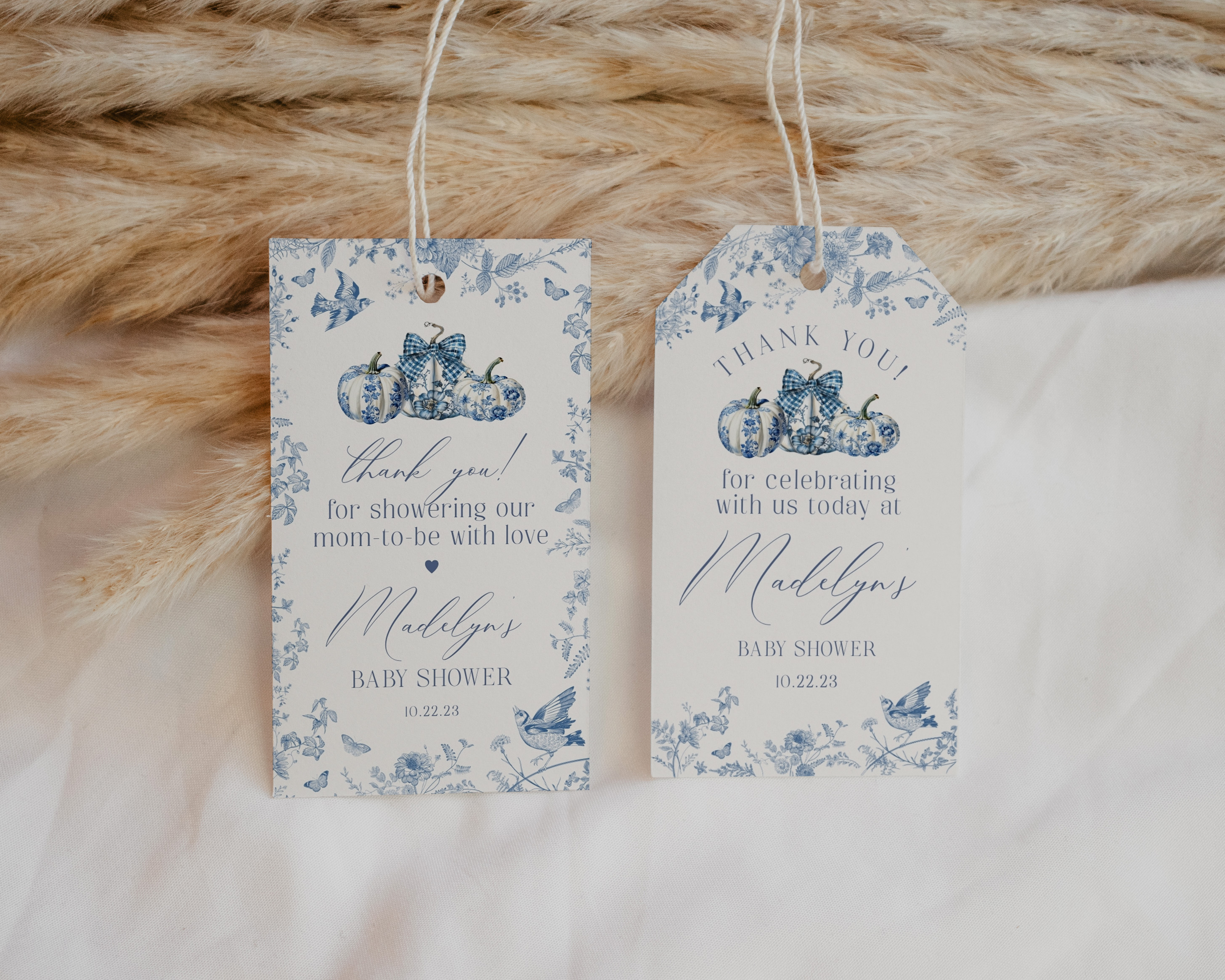 blue toile pumpkin - favor tags design preview