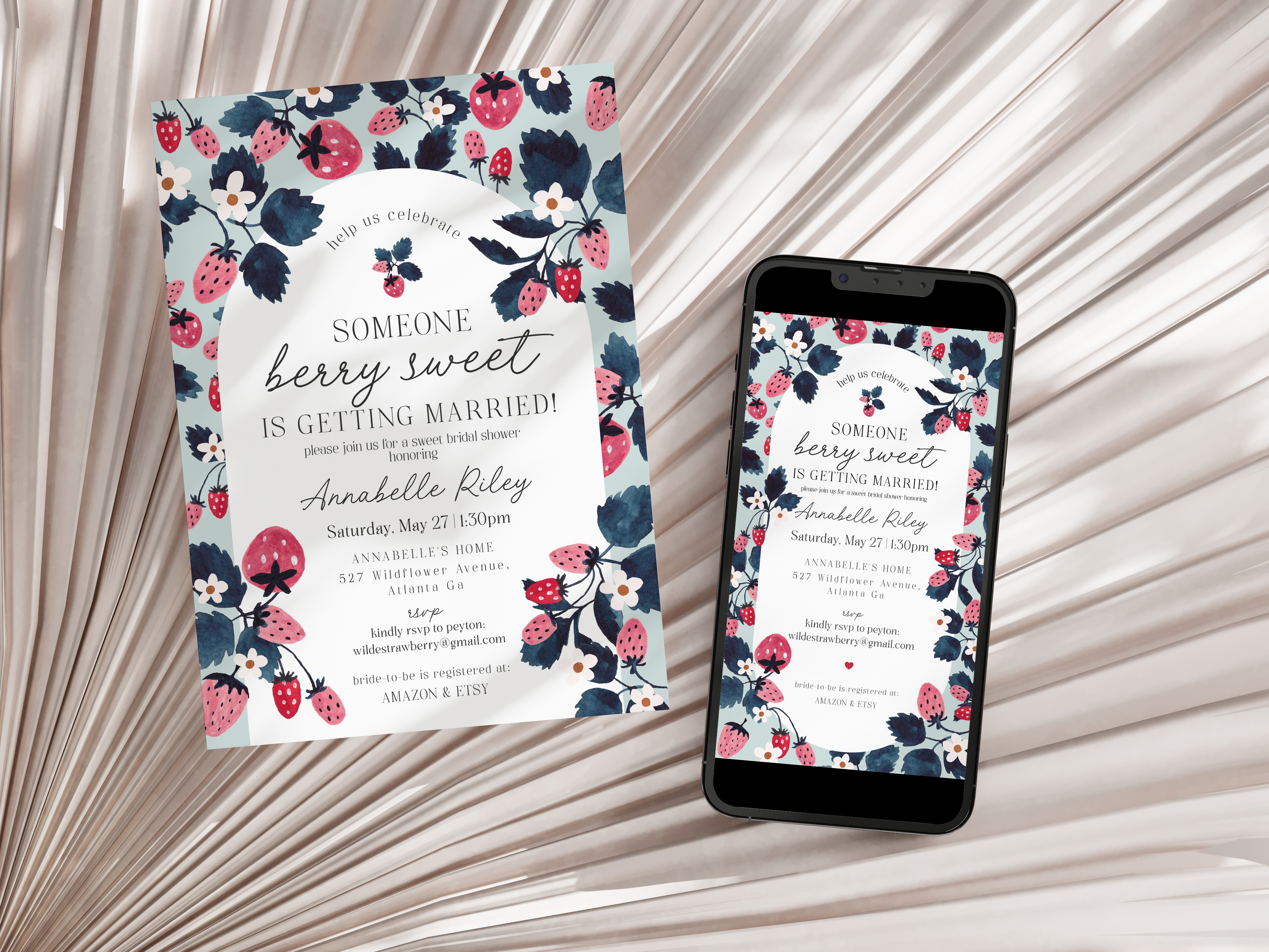 mint strawberry - bridal shower invite design preview