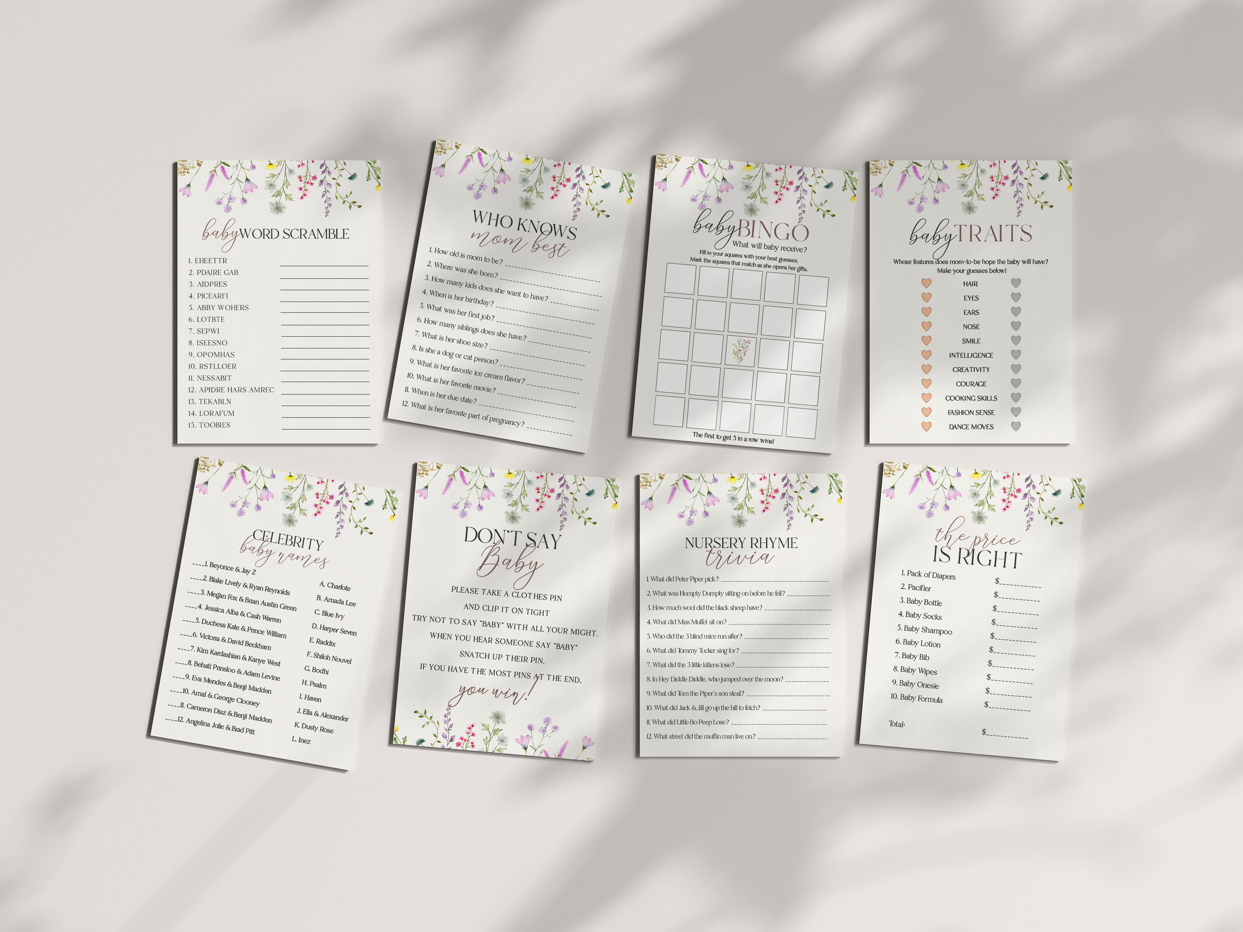 delicate wildflower - baby shower games bundle design preview