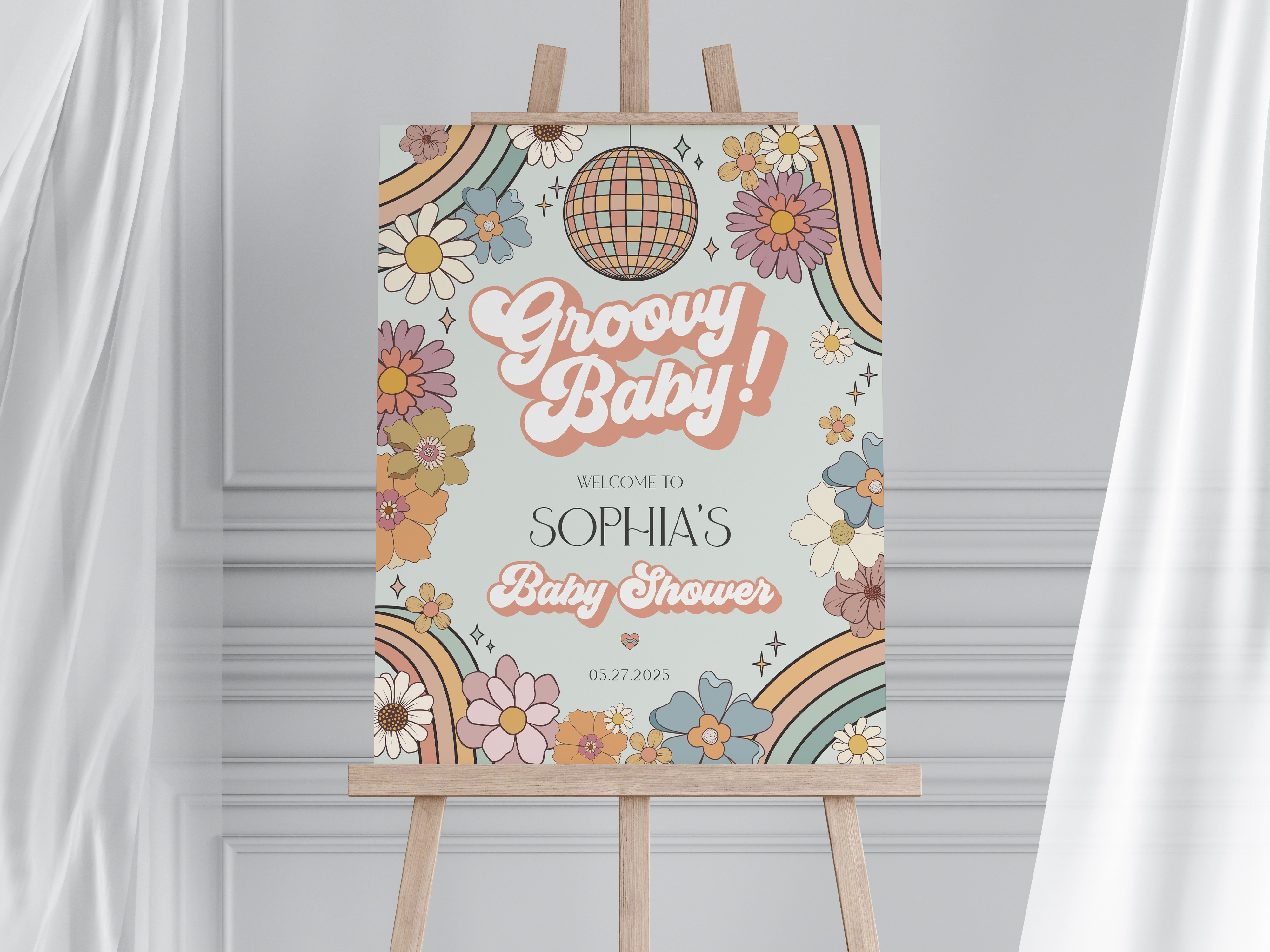 groovy floral - baby shower welcome sign design preview