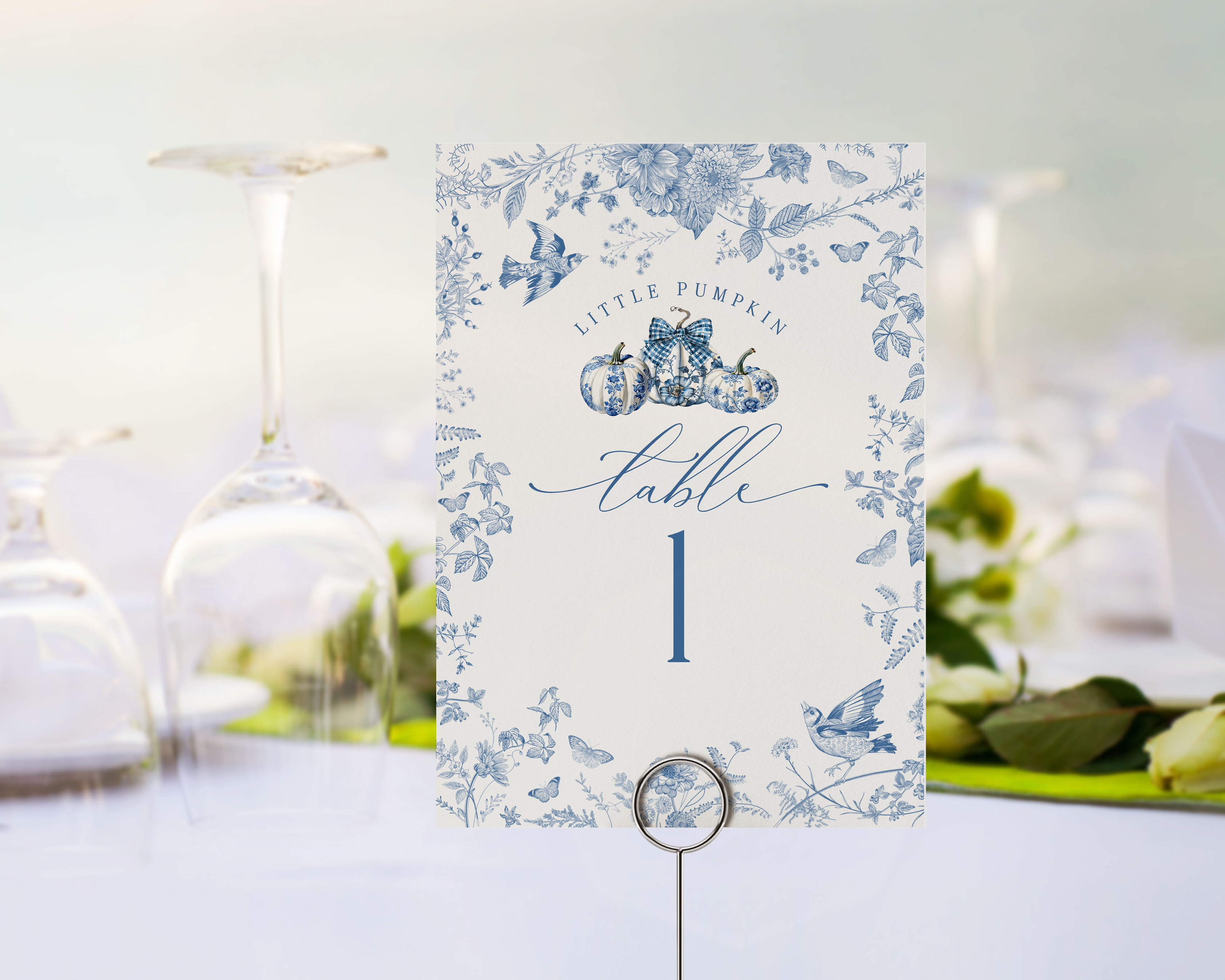 blue toile pumpkin - table numbers design preview