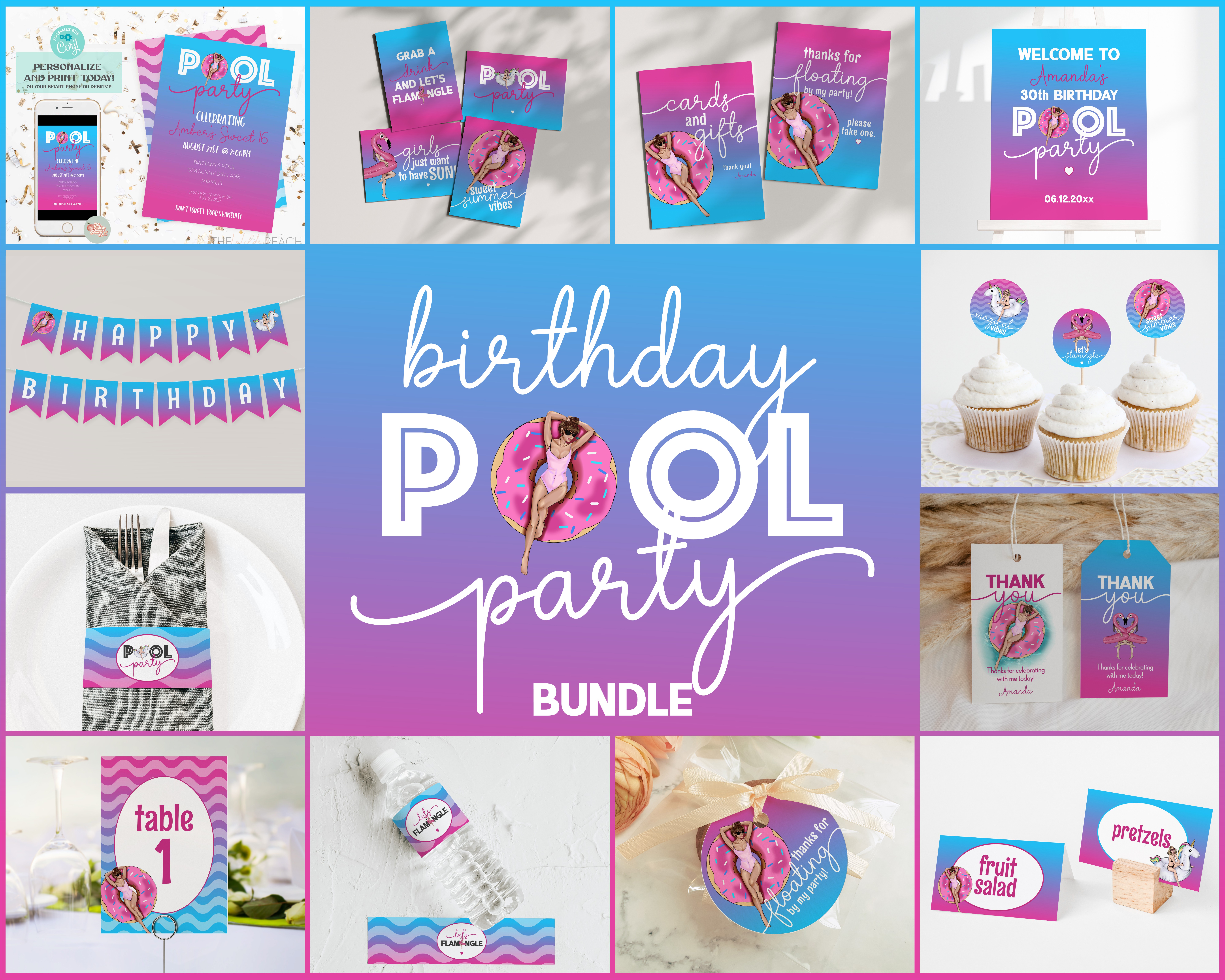 ombre pool party - birthday design preview
