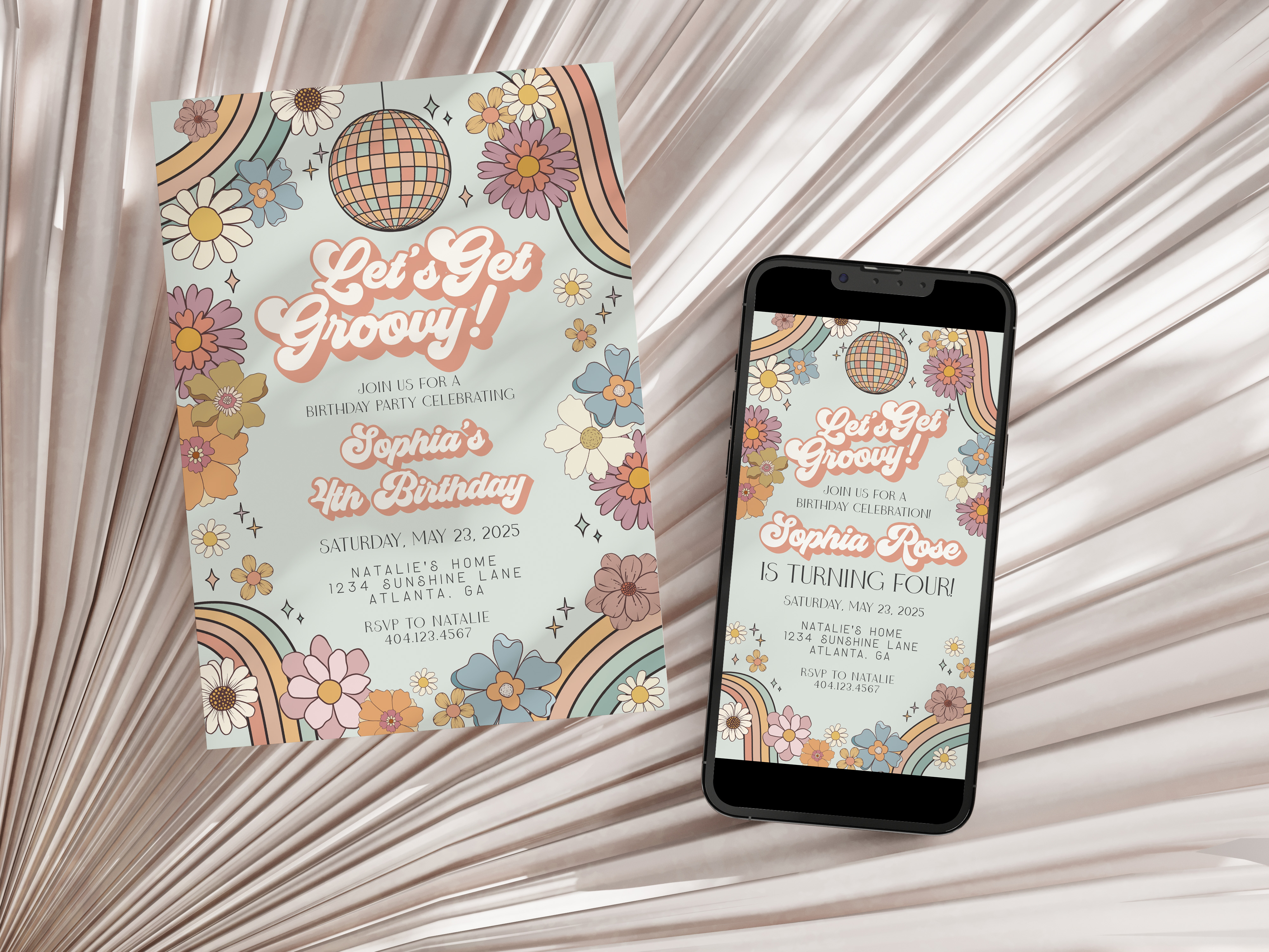 groovy floral - birthday invite design preview