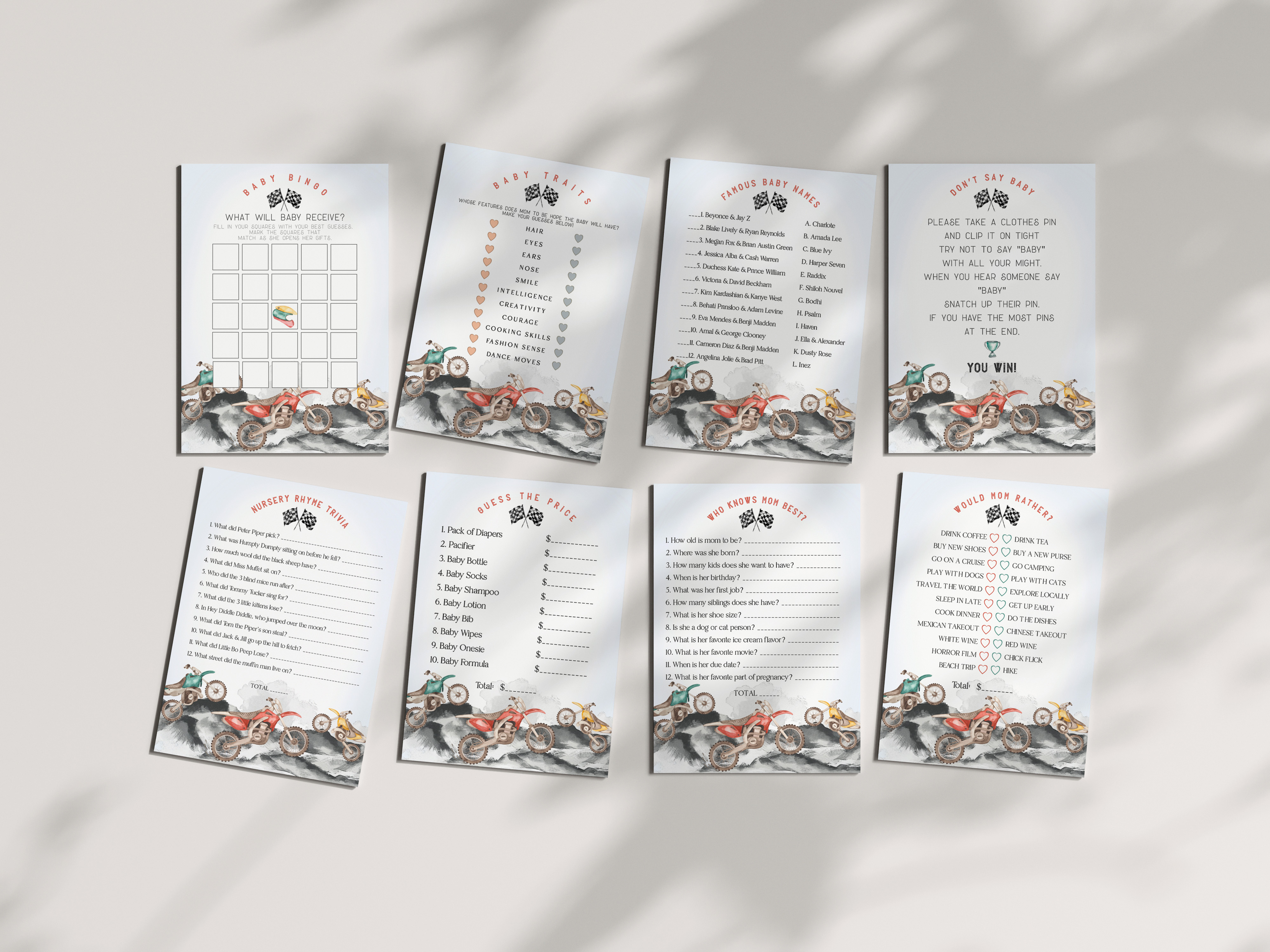 dirt bike - baby shower games design preview
