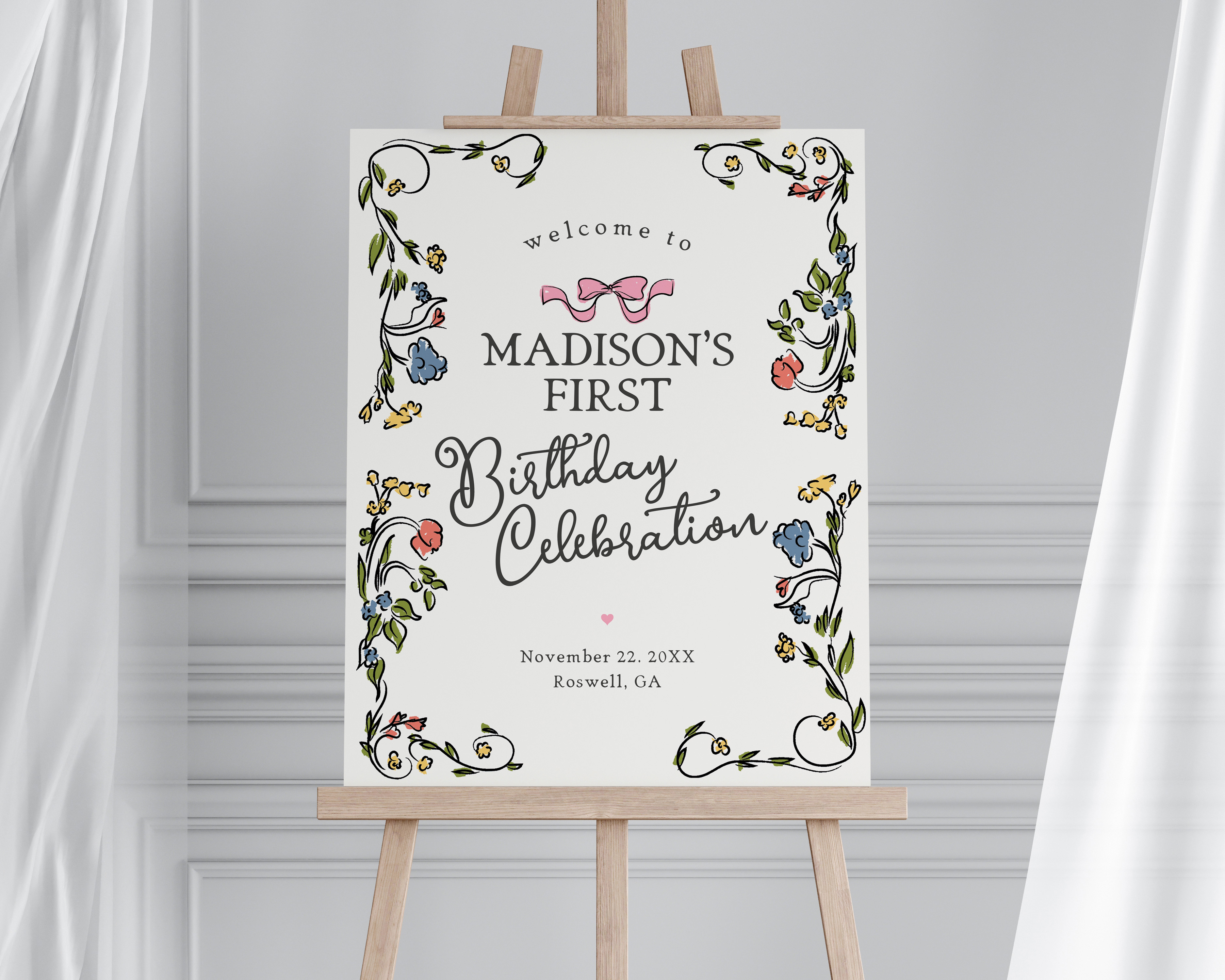 whimsical floral - birthday welcome sign design preview