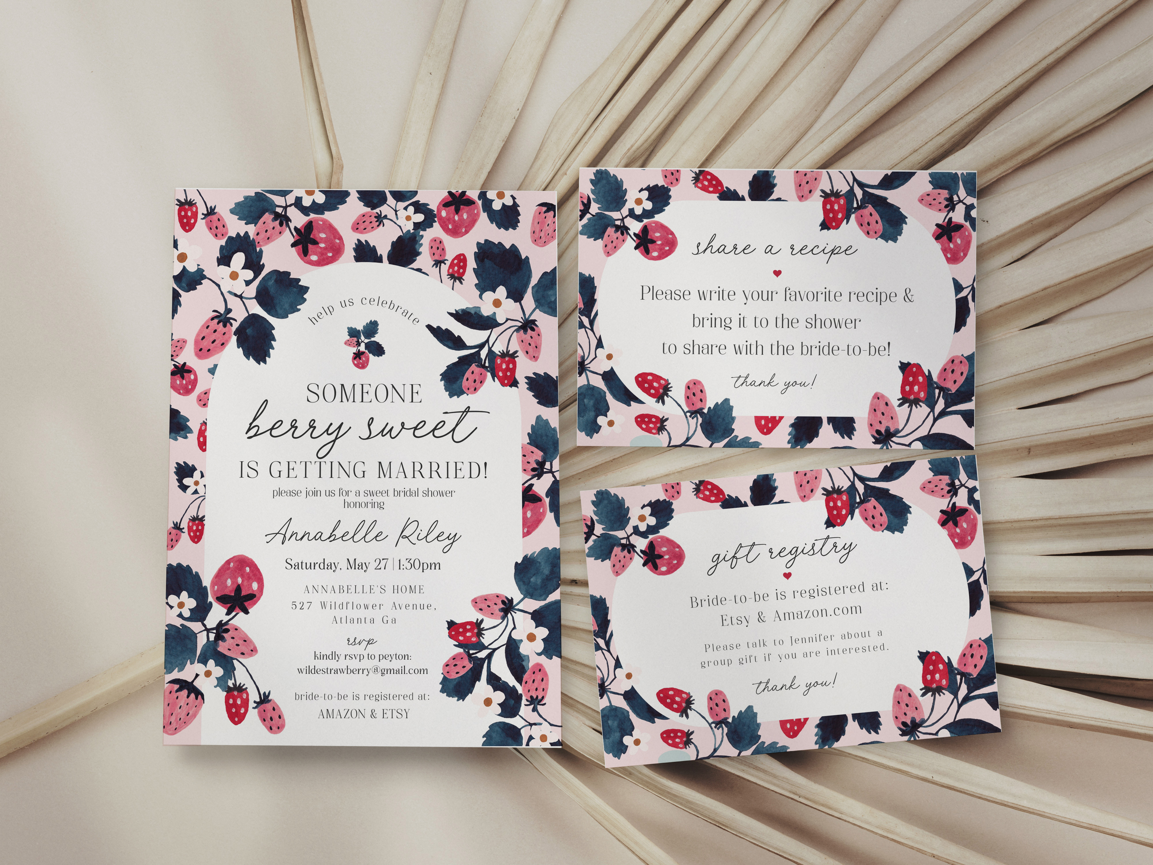 pink strawberry - bridal shower invite design preview