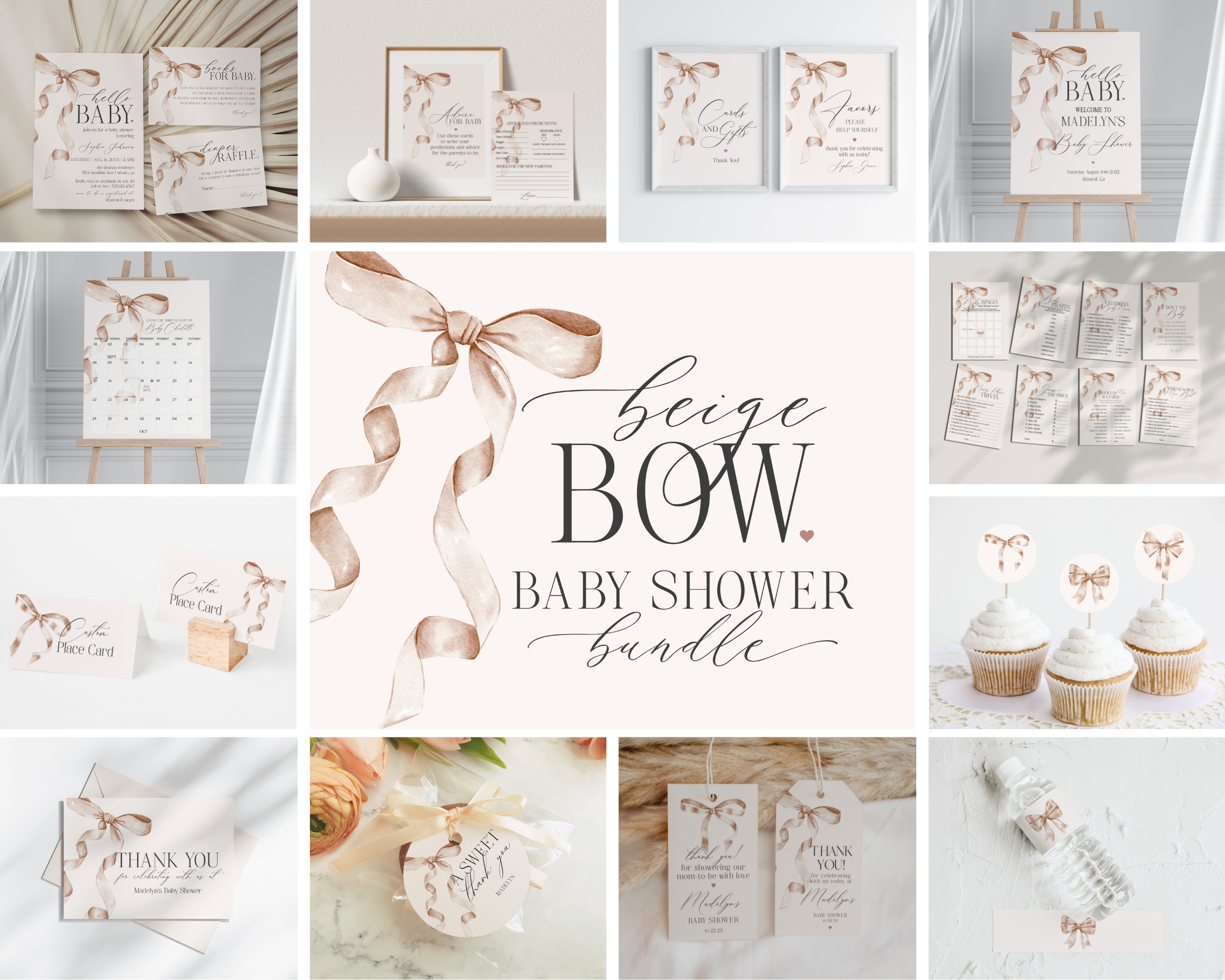 beige bow - baby shower bundle design preview