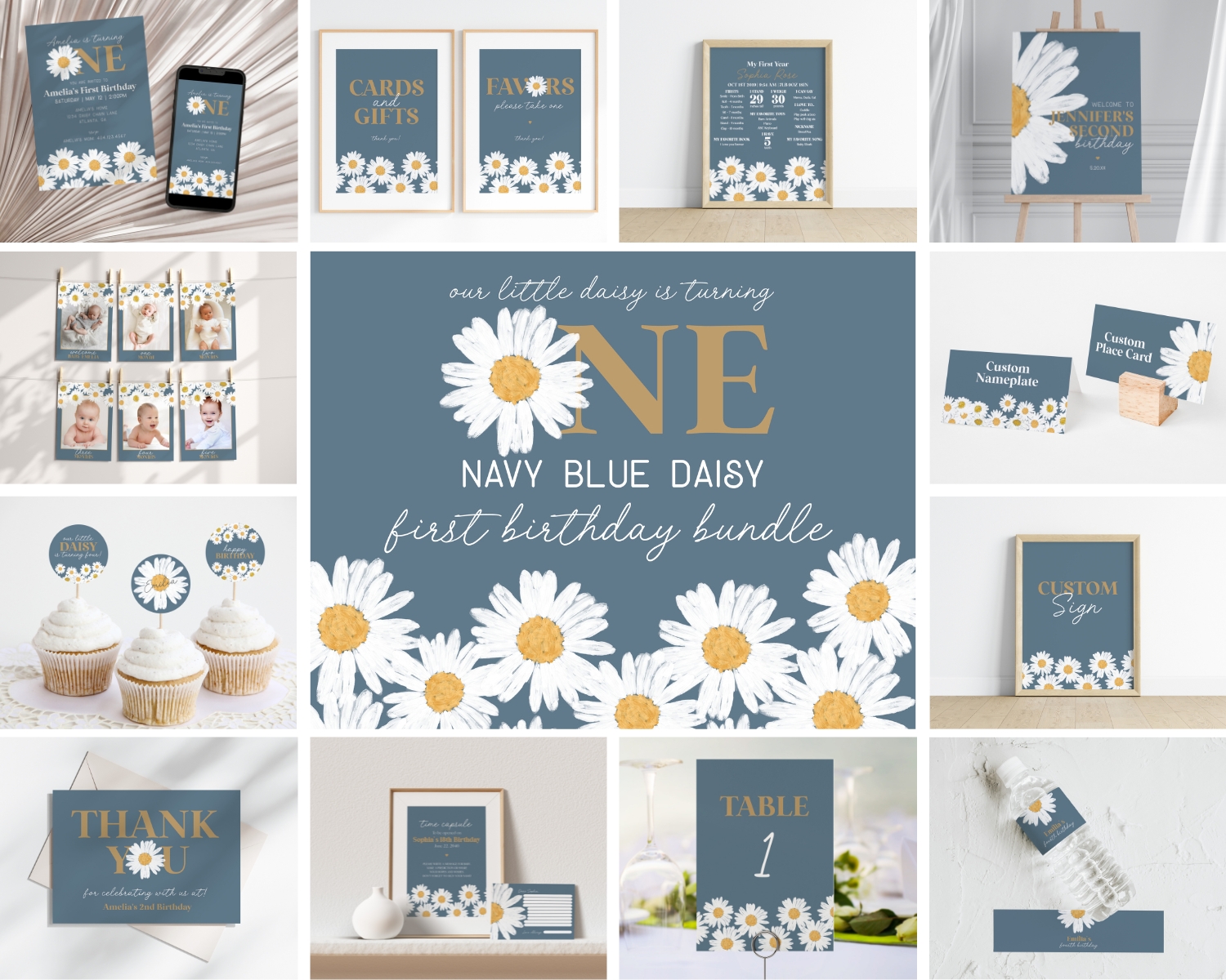 navy daisy - first birthday bundle design preview