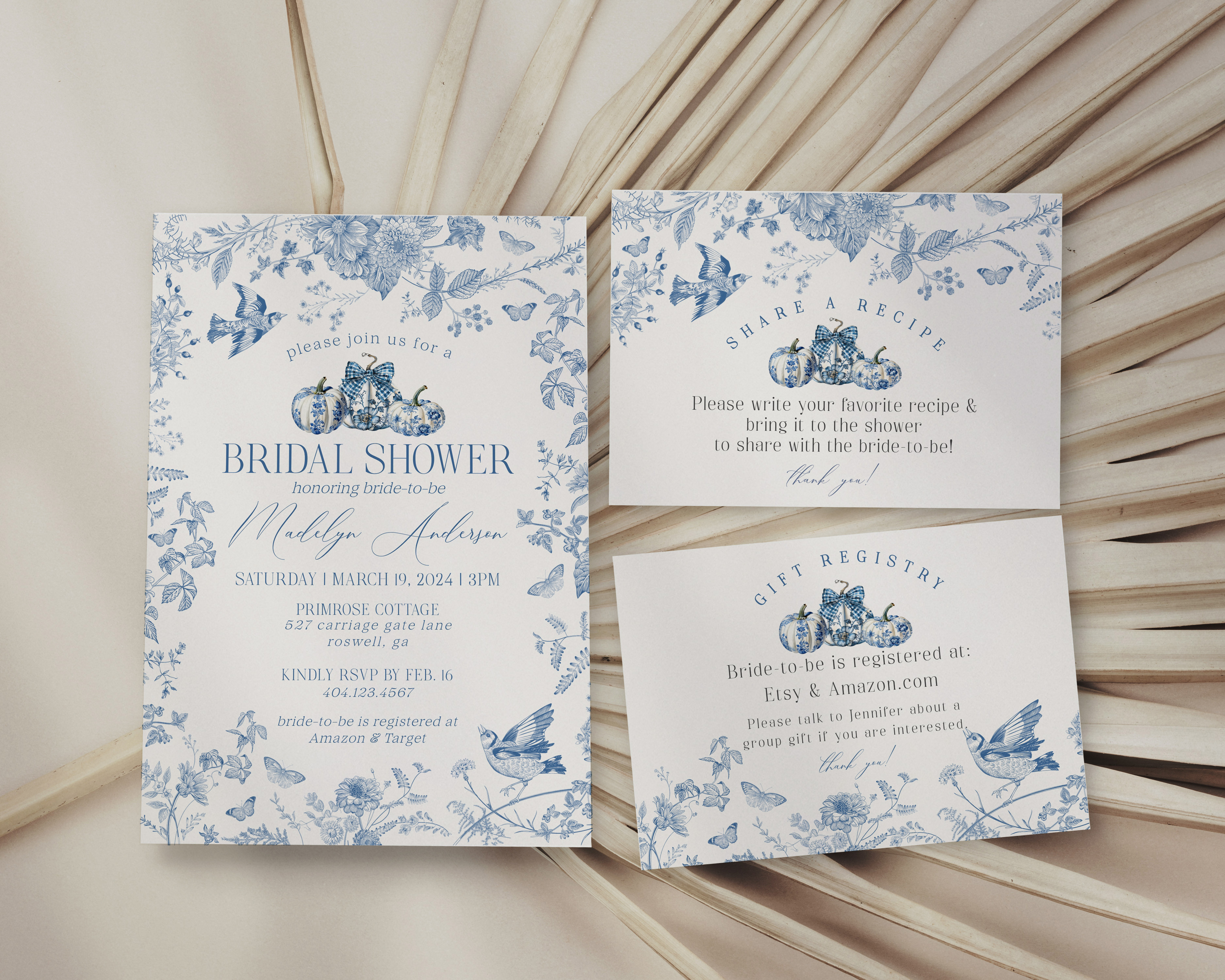 blue toile pumpkin - bridal shower invite design preview