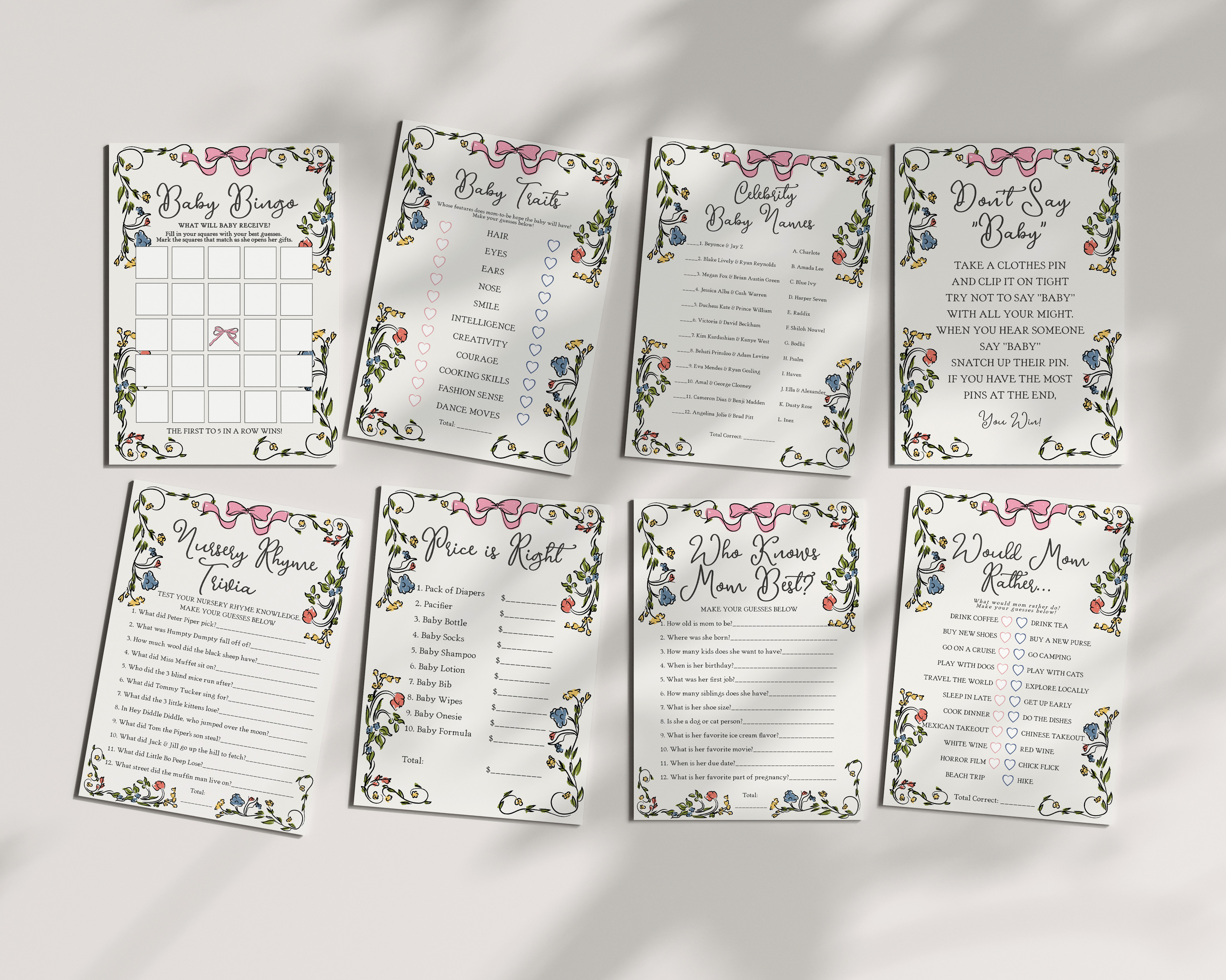 whimsical floral - baby shower games design preview