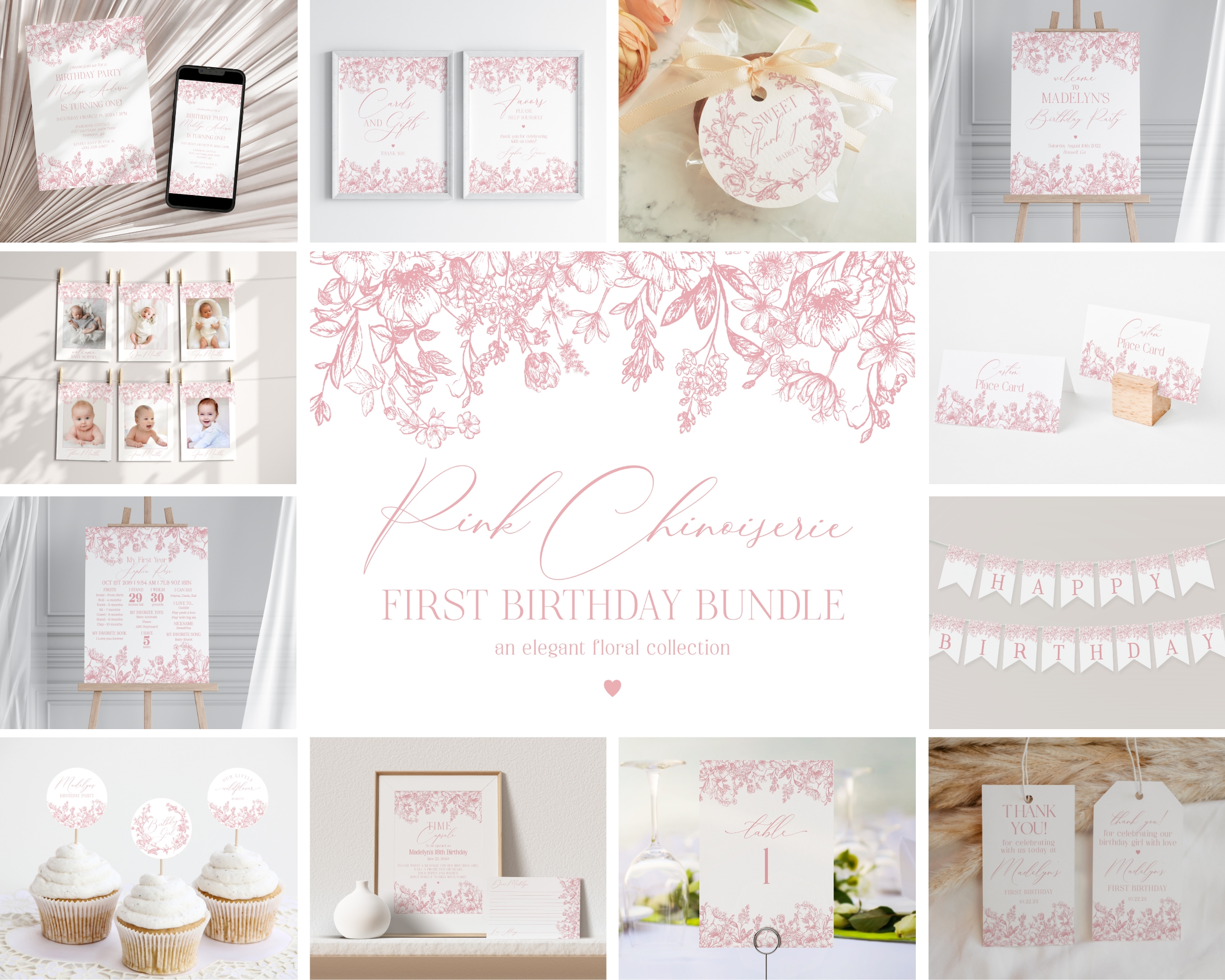 pink chinoiserie - first birthday bundle design preview