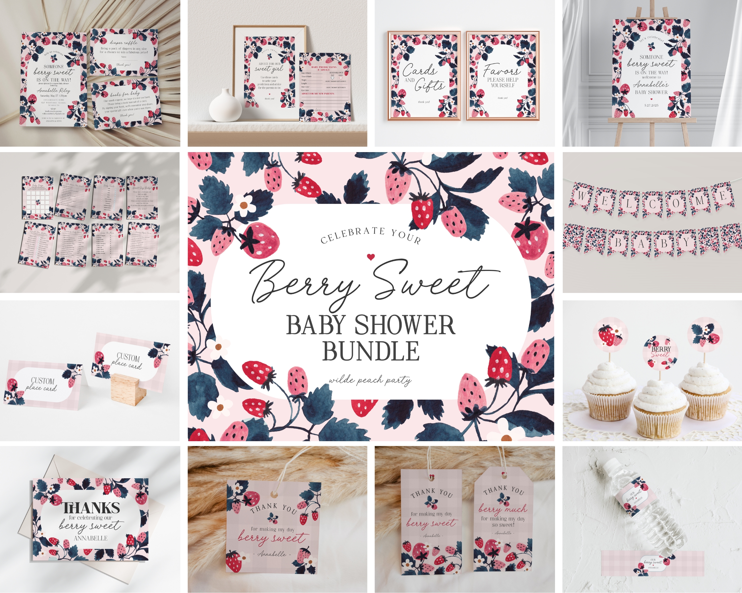 pink strawberry - baby shower bundle design preview