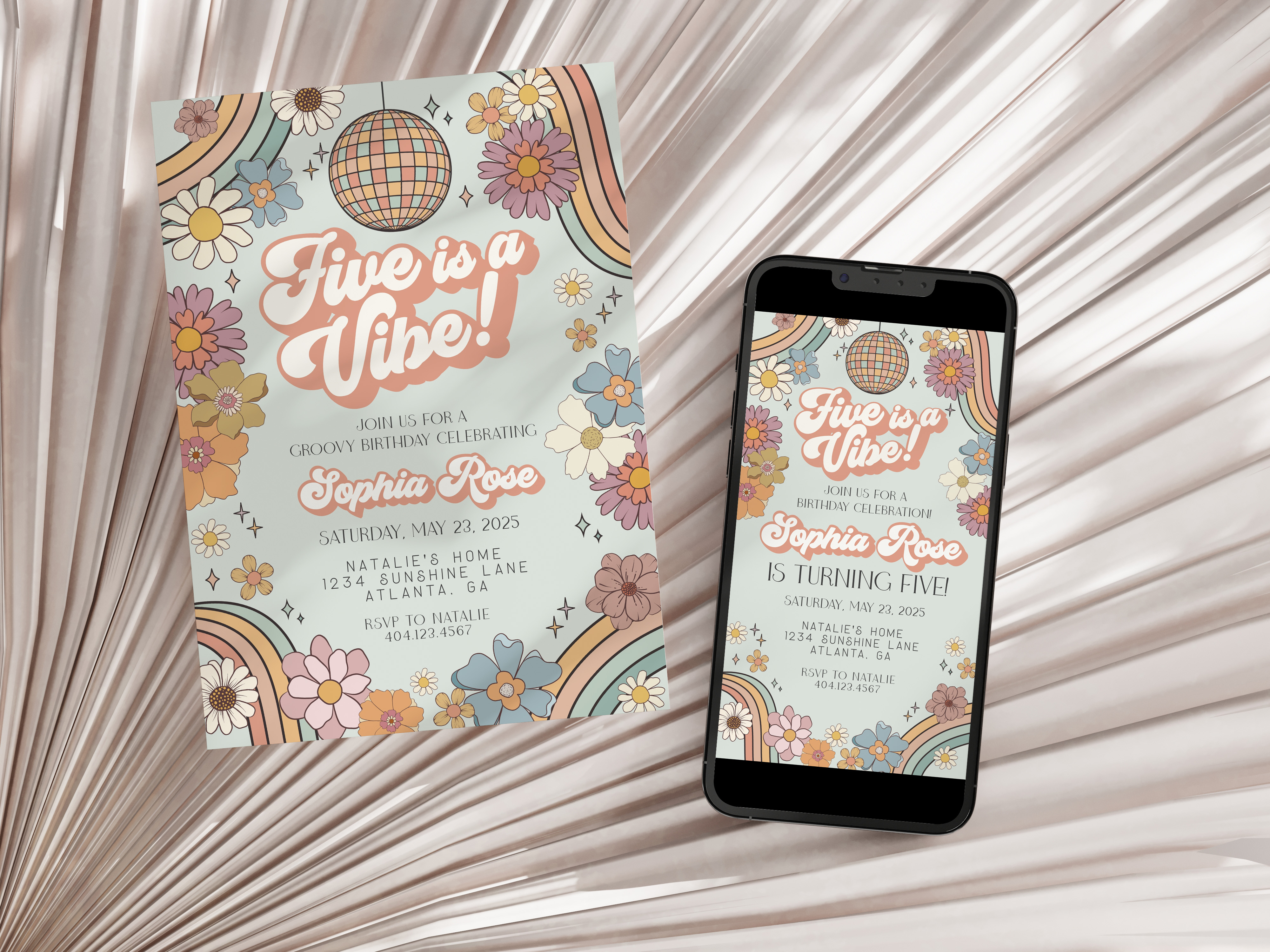 groovy floral - fifth birthday invite design preview
