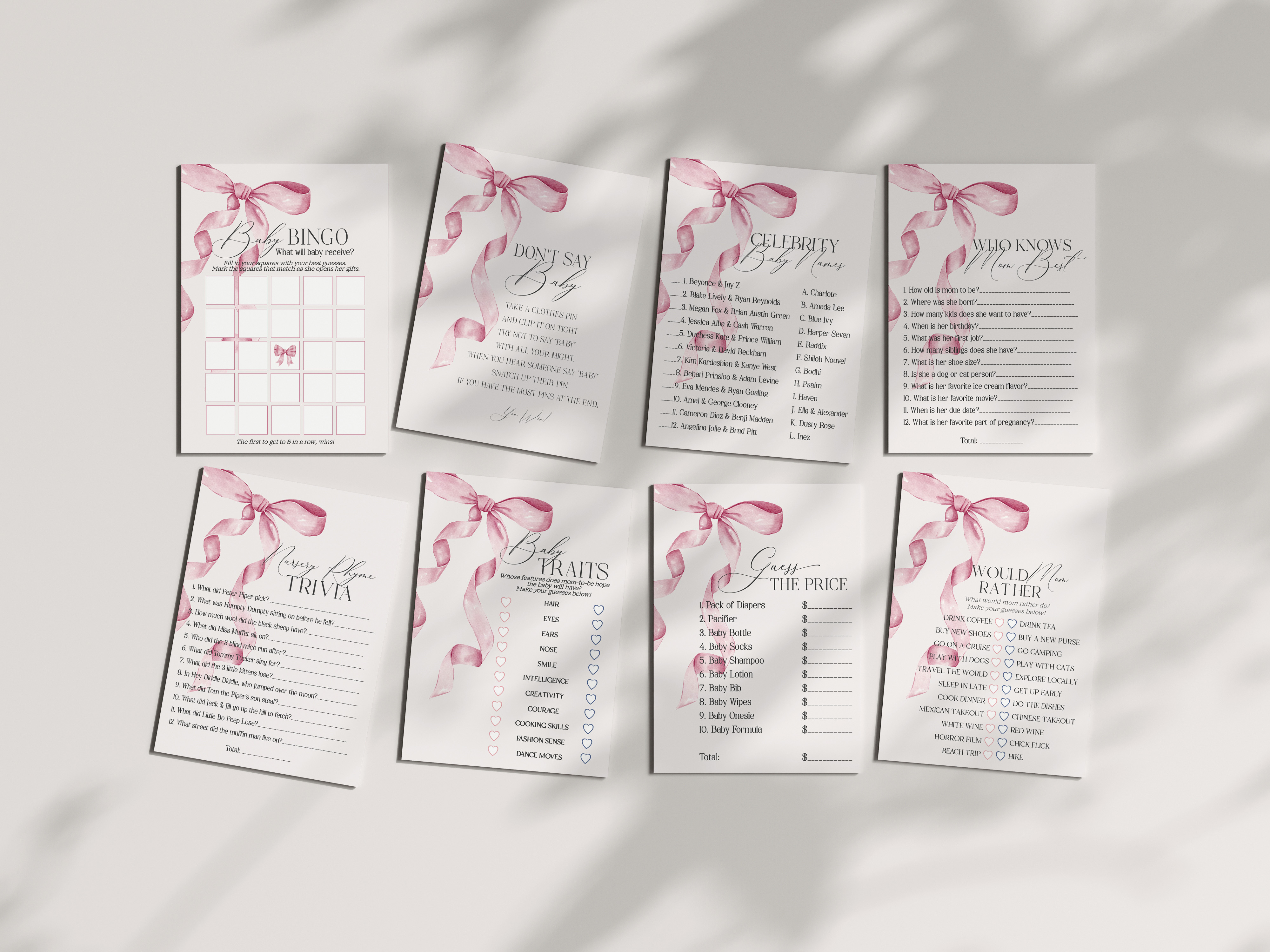 pink bow - baby shower games design preview