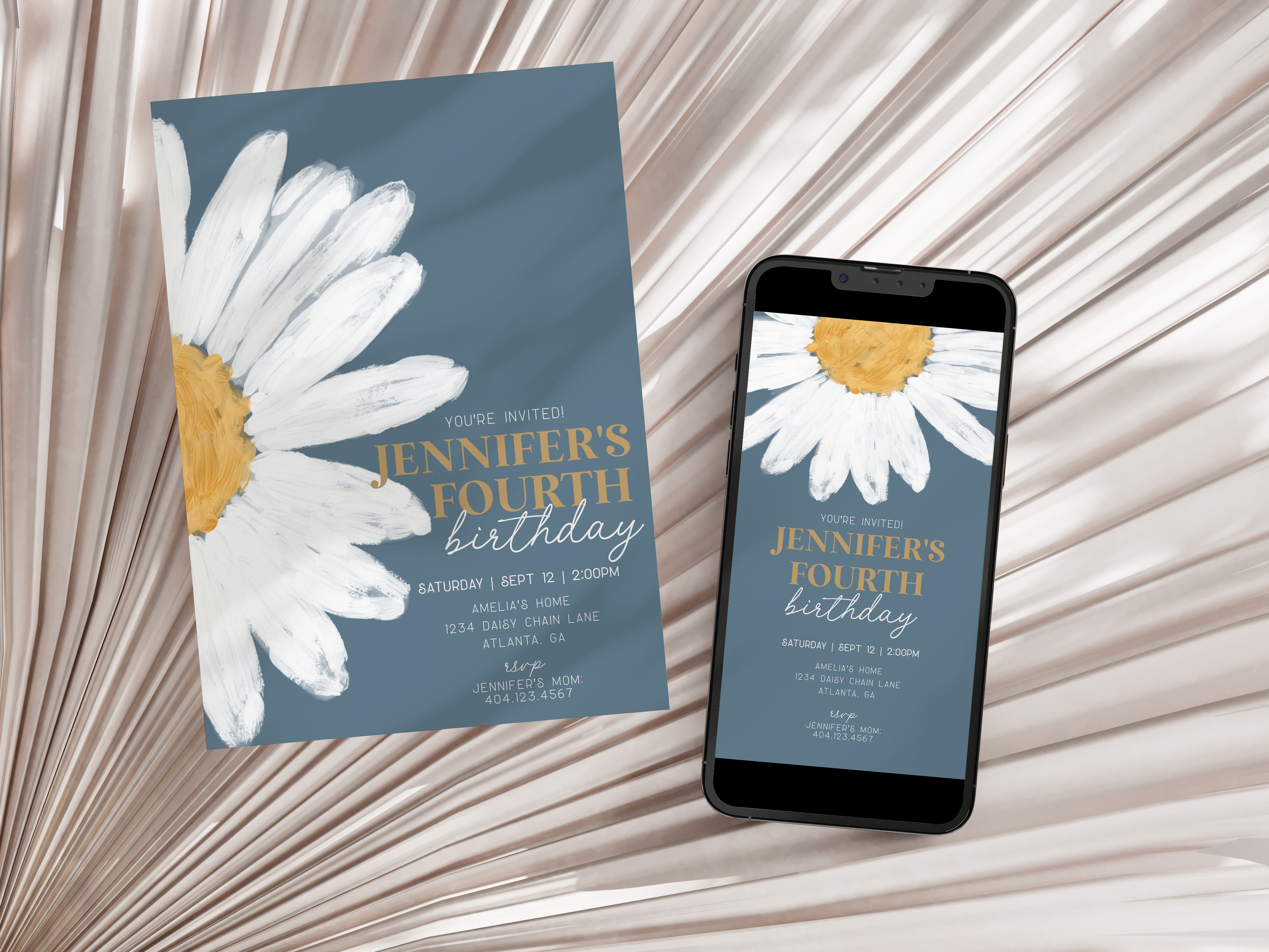 navy daisy - birthday invite design preview