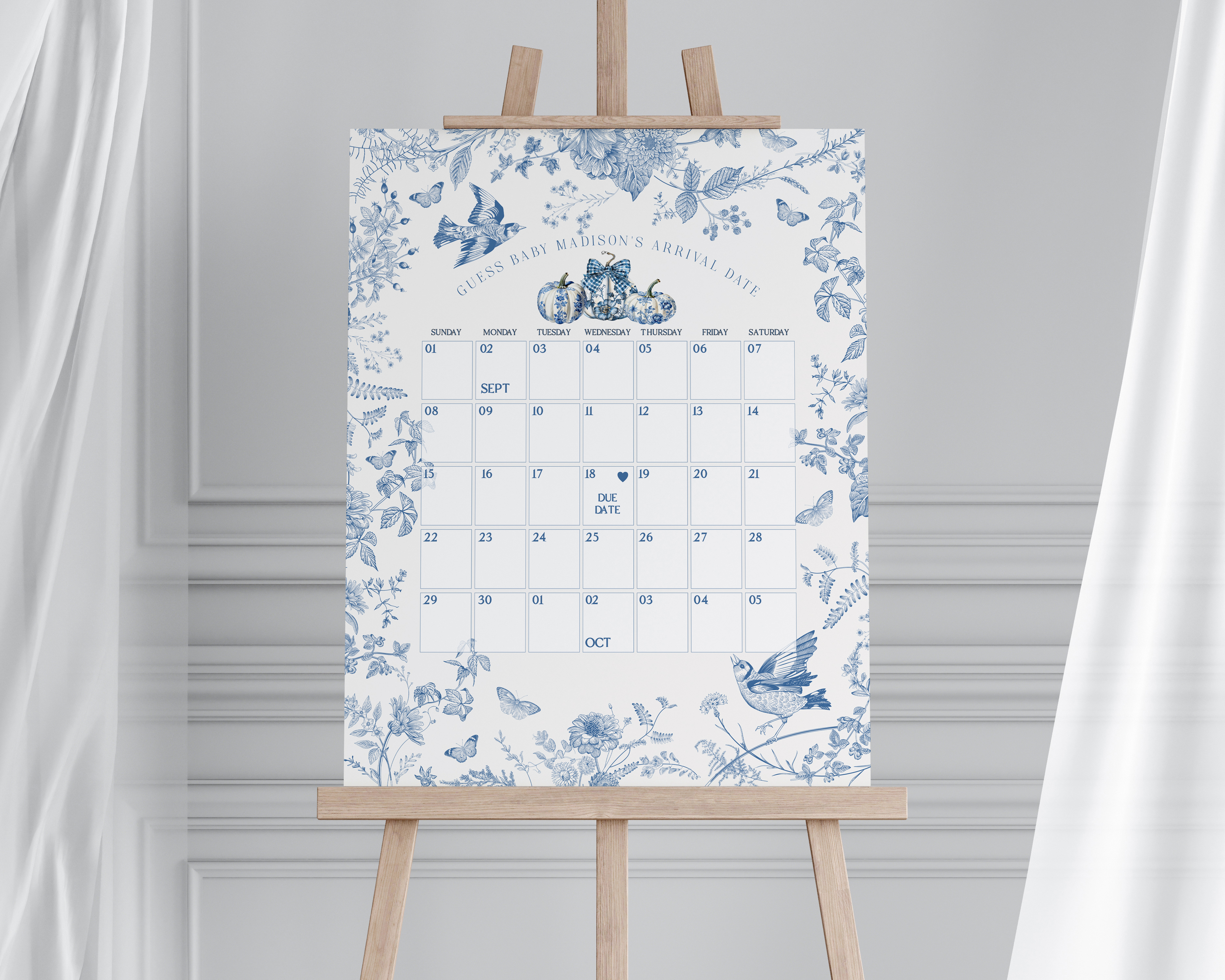blue toile pumpkin - guess the date design preview