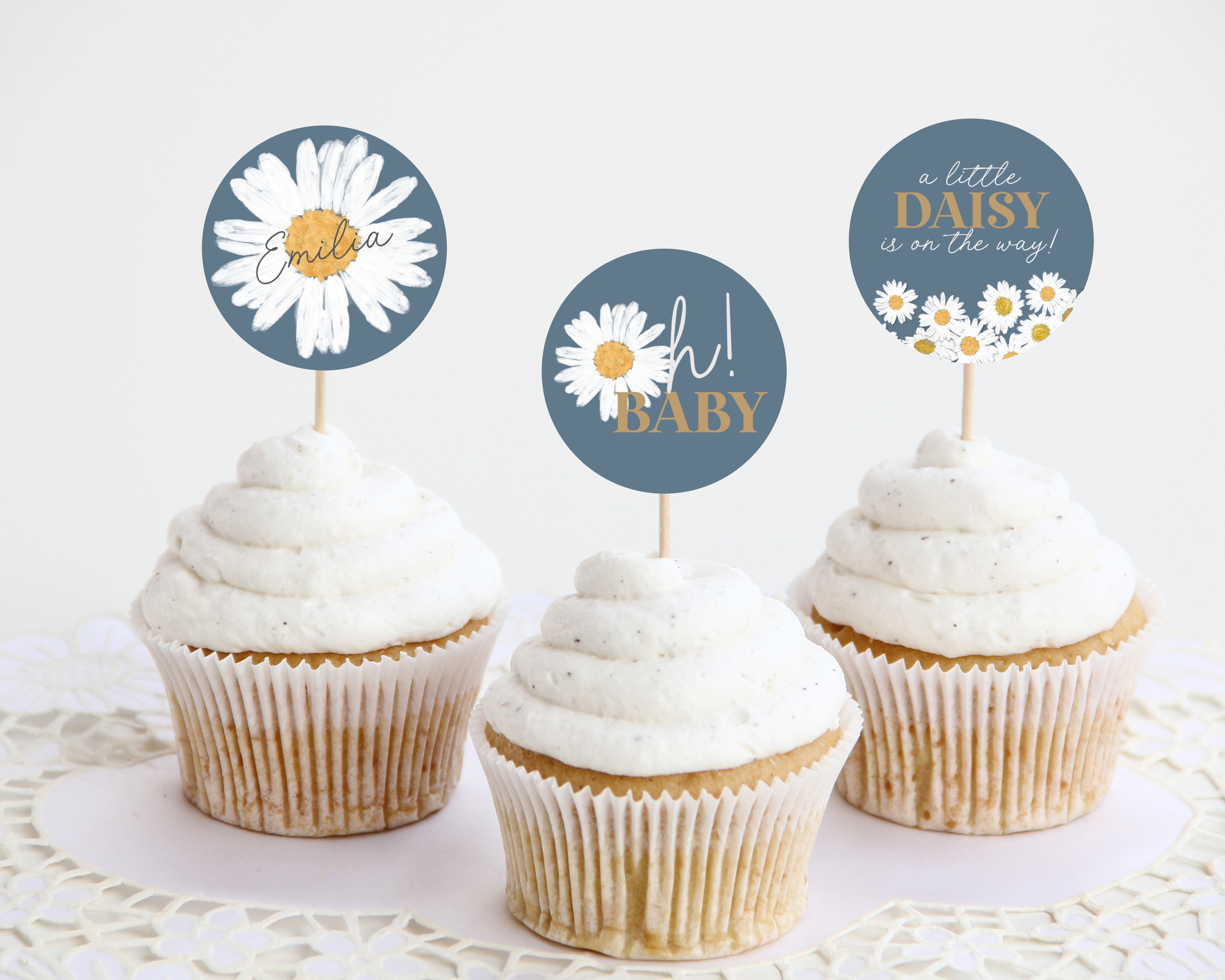 navy daisy - baby shower cupcake toppers design preview